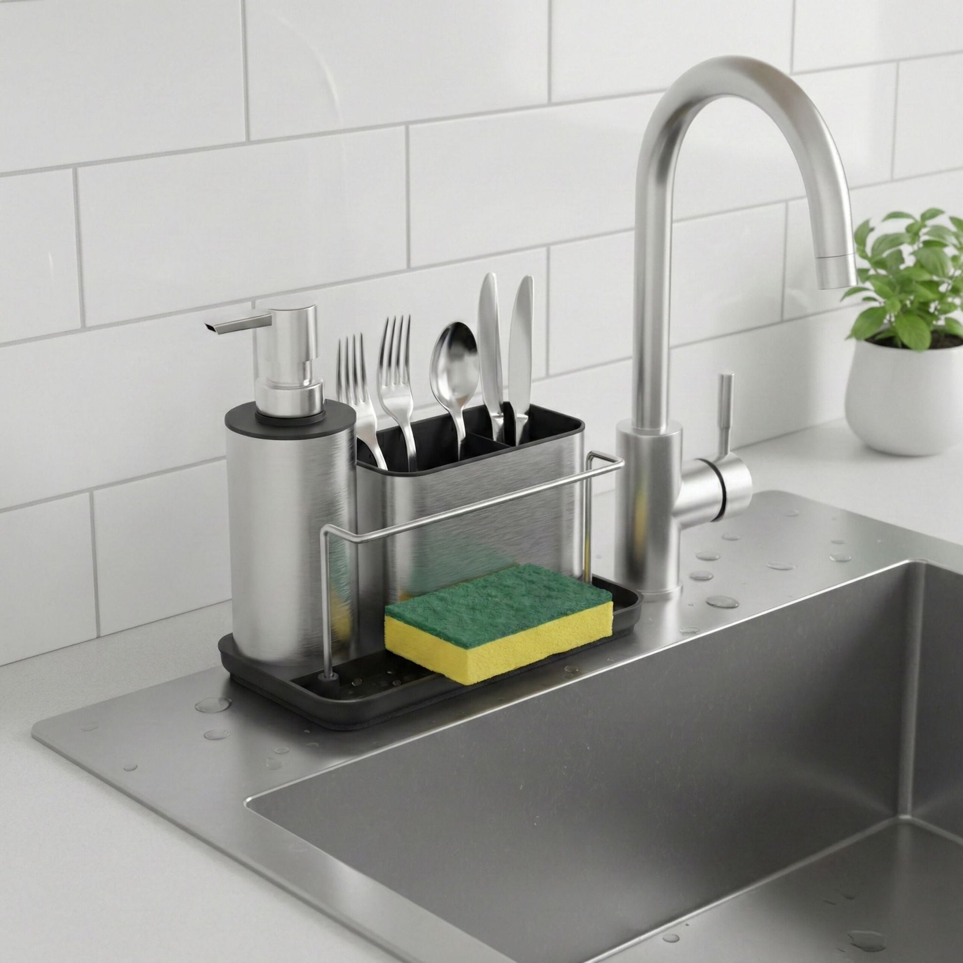 Spülbecken Organizer mit Seifenspender Schwarz-Silber von Relaxdays