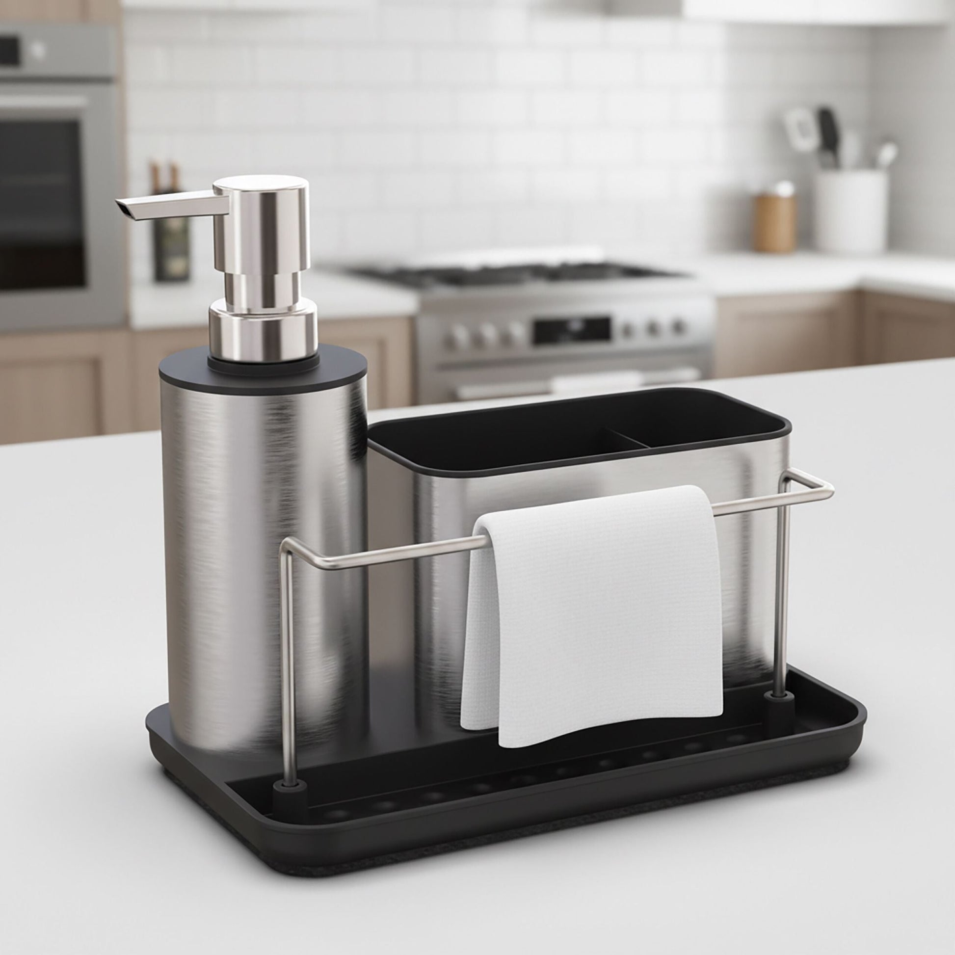 Spülbecken Organizer mit Seifenspender Schwarz-Silber von Relaxdays