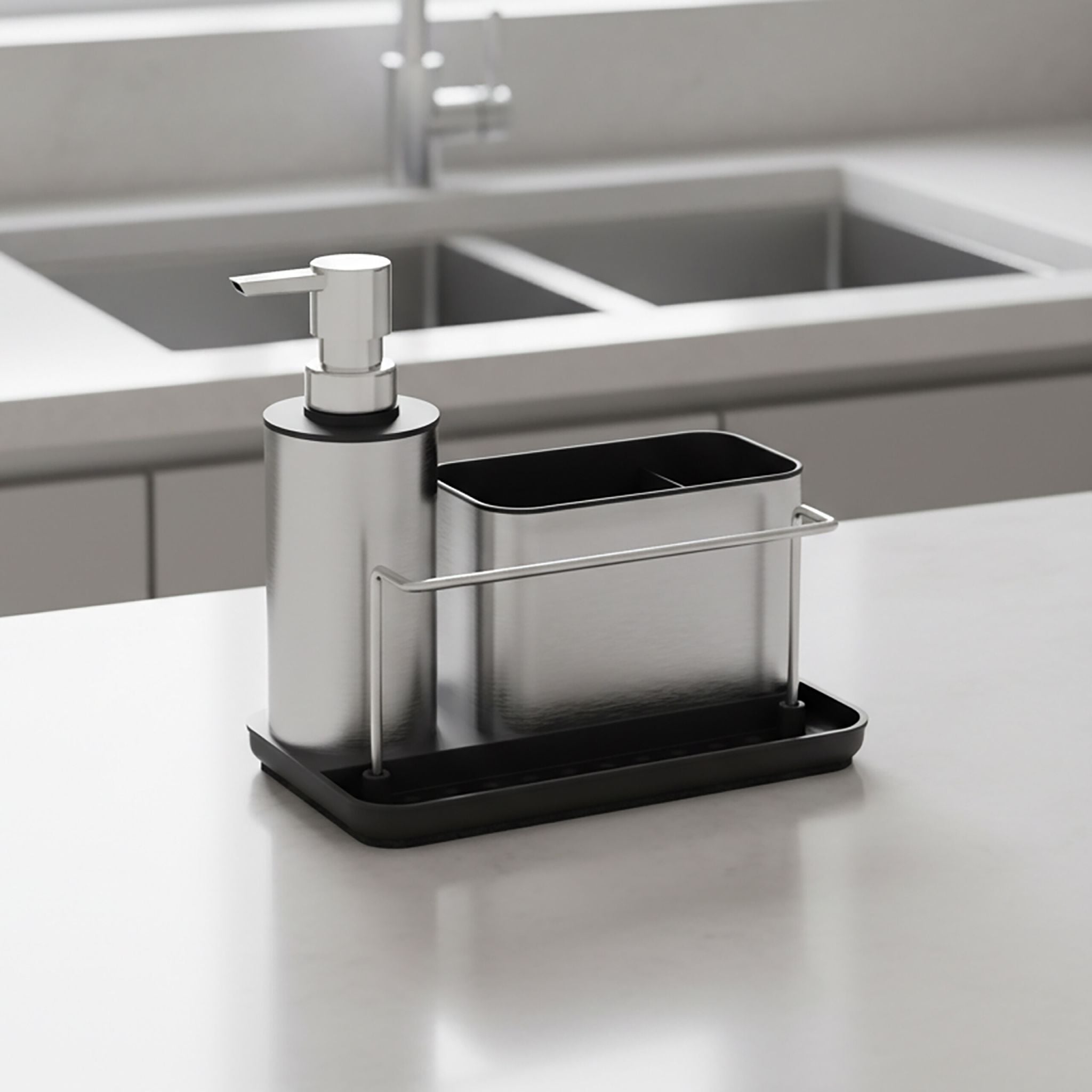 Spülbecken Organizer mit Seifenspender Schwarz-Silber von Relaxdays