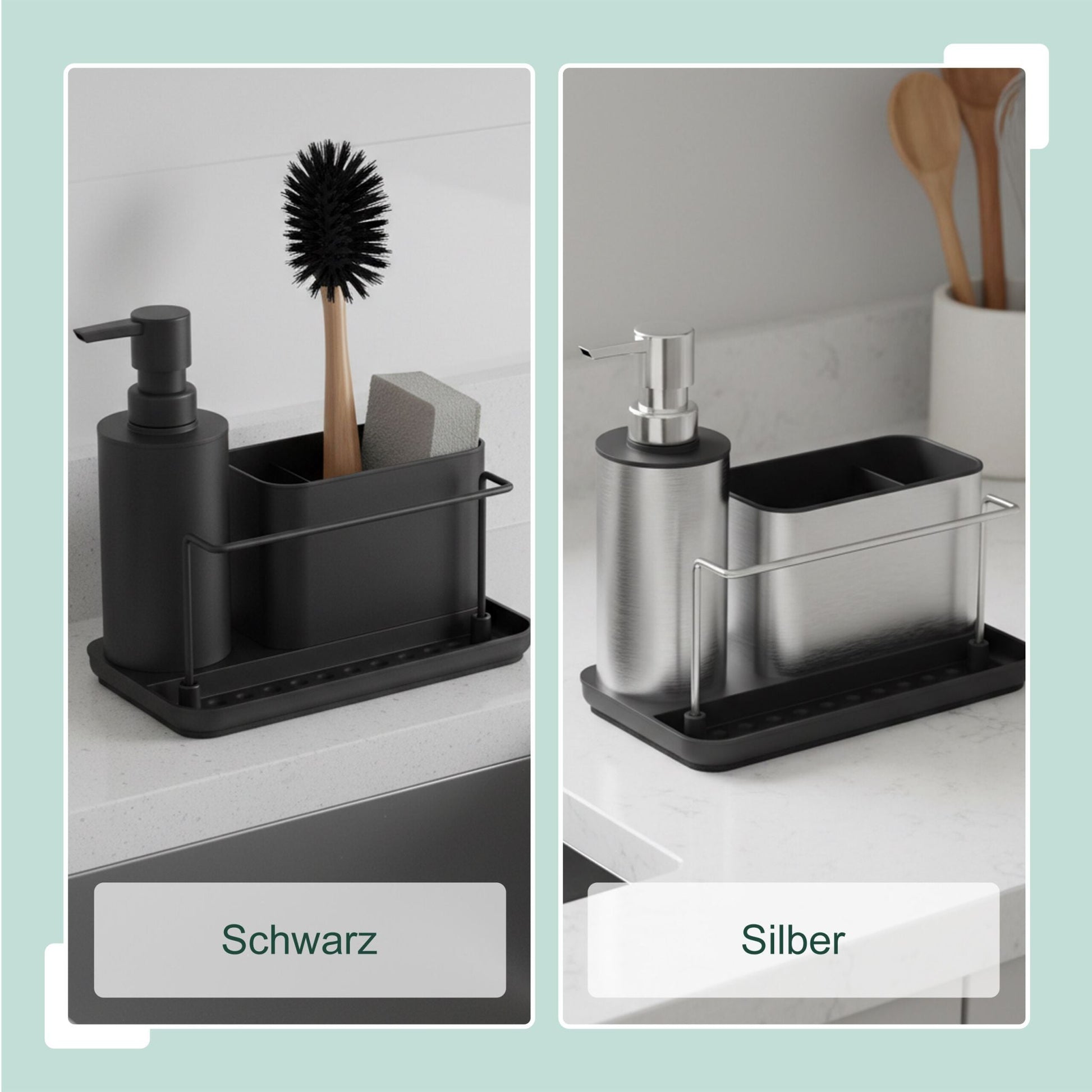 Spülbecken Organizer mit Seifenspender Schwarz-Silber von Relaxdays