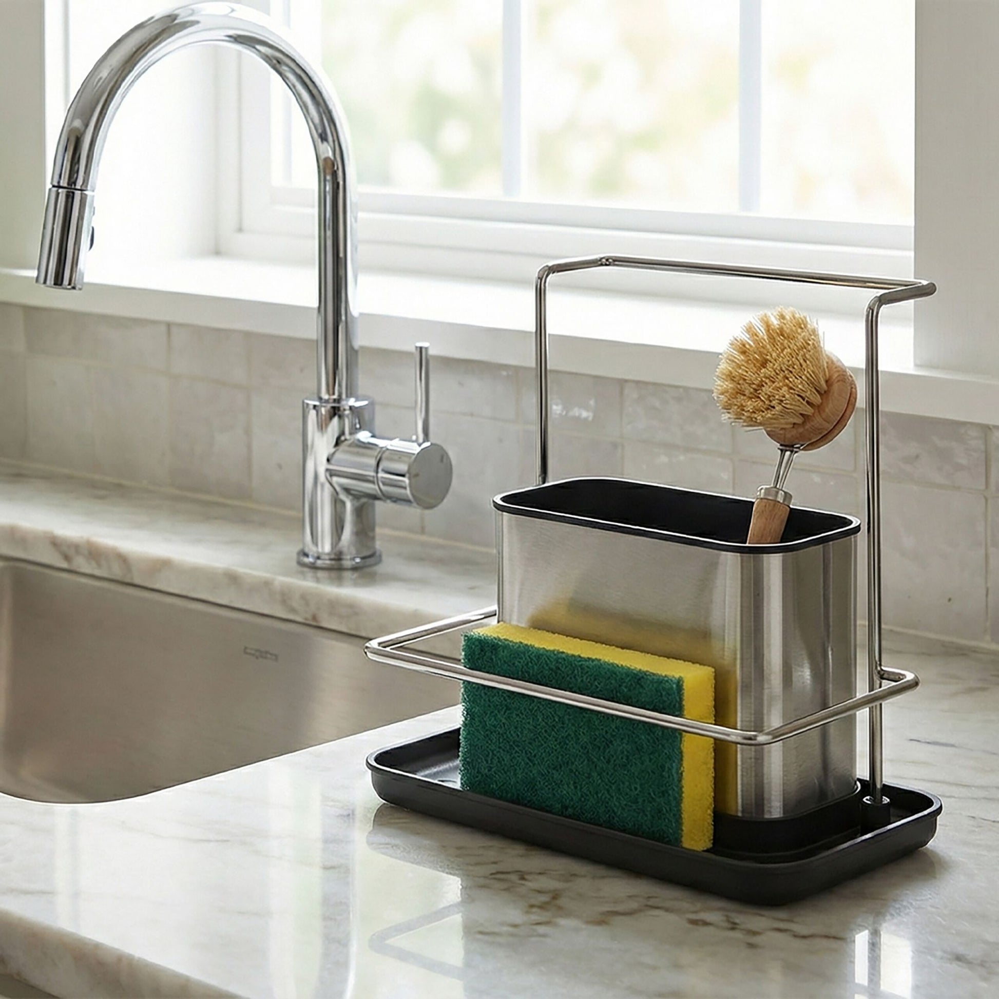 Spülbecken Organizer mit Abtropfschale Schwarz-Silber von Relaxdays