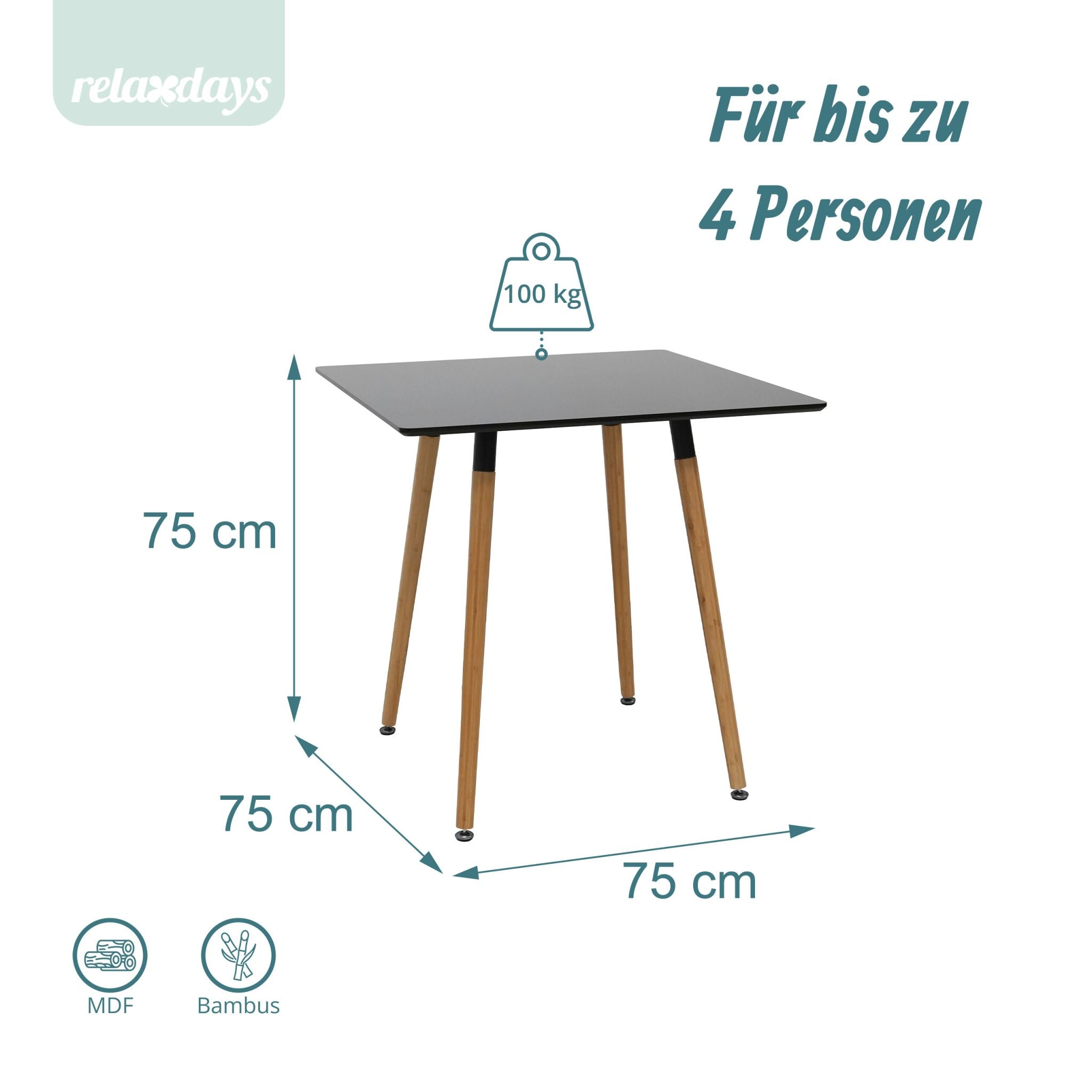 Eckiger Esstisch mit Bambusbeinen Hellbraun-Schwarz von Relaxdays