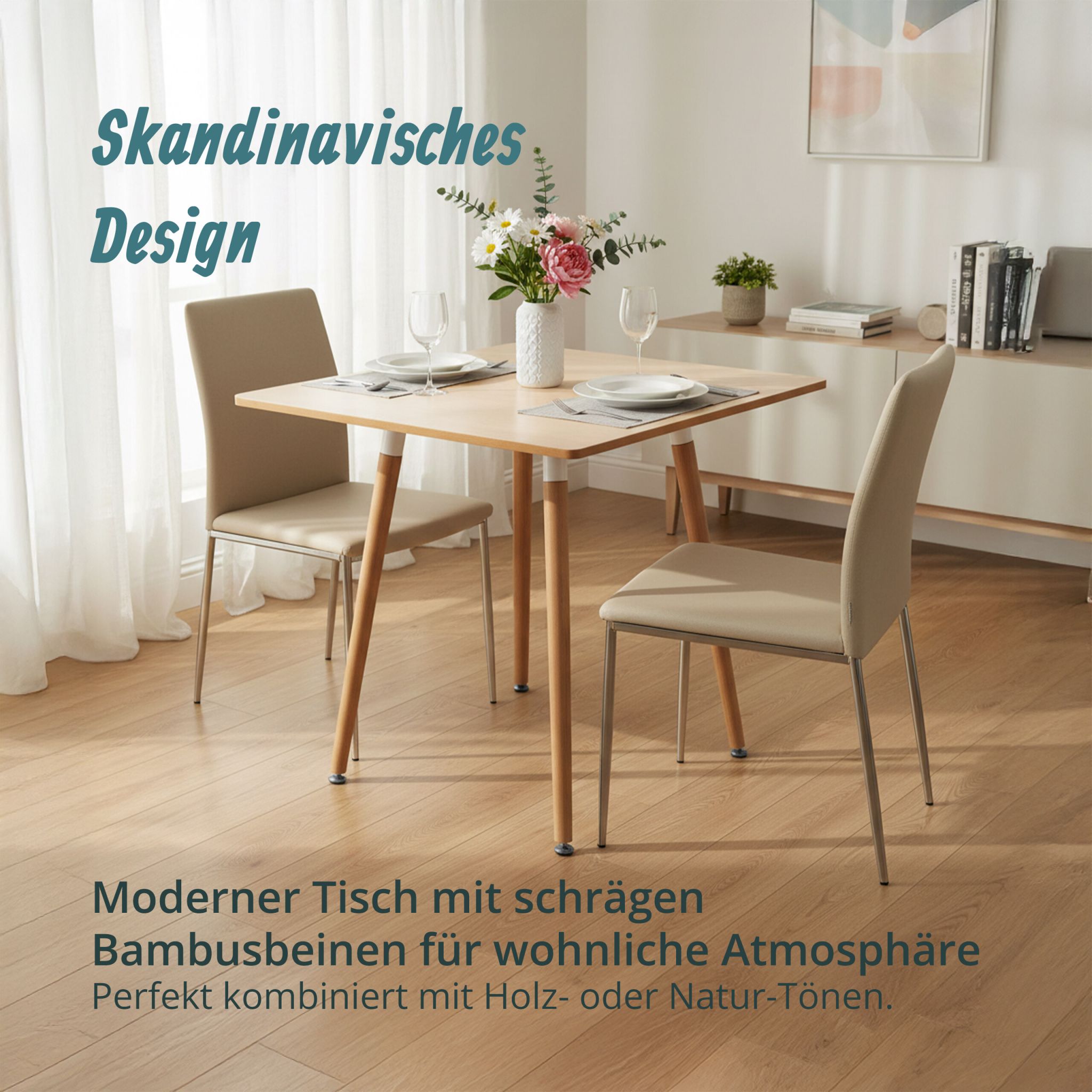 Eckiger Esstisch mit Bambusbeinen Hellbraun von Relaxdays