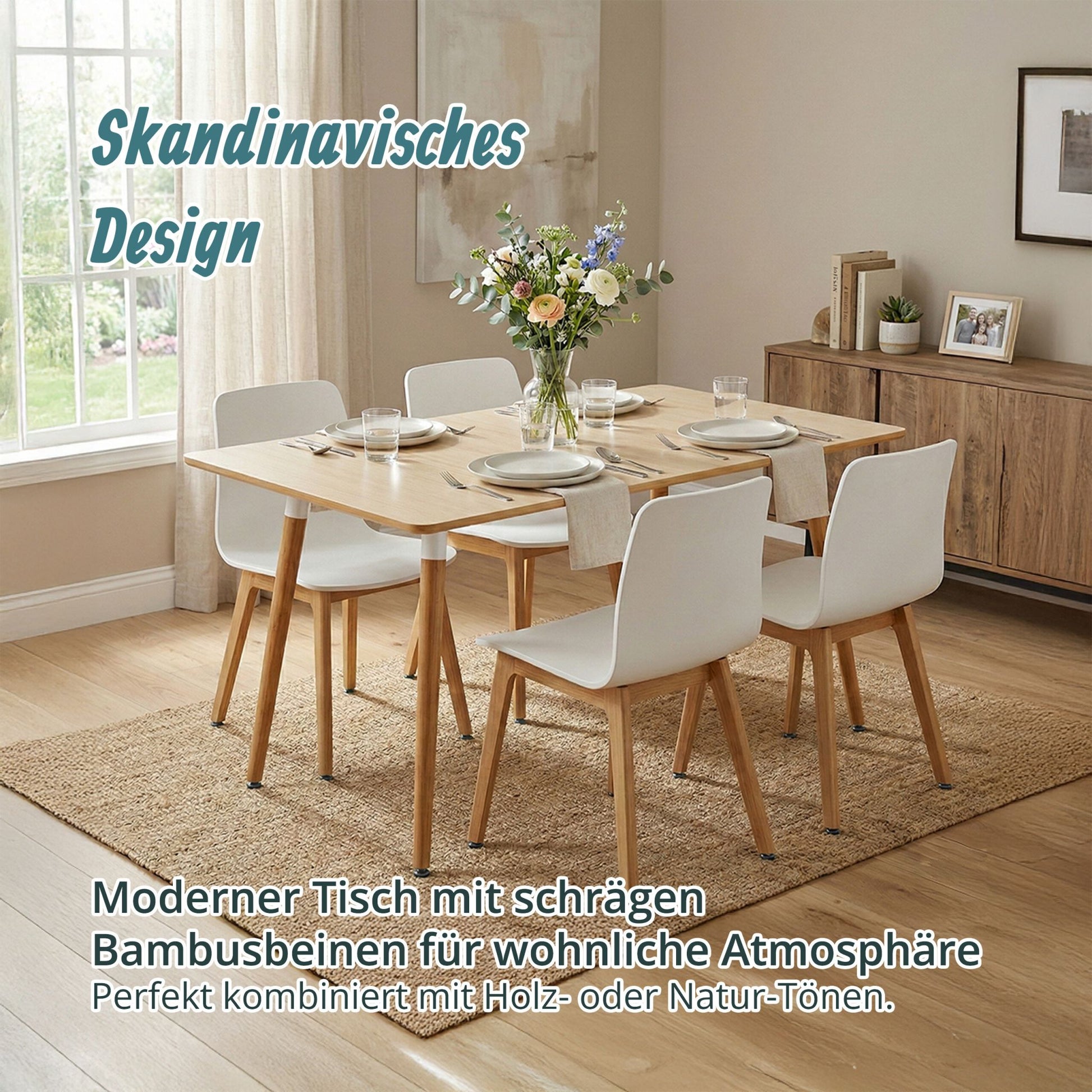 Eckiger Esstisch mit Bambusbeinen Hellbraun von Relaxdays