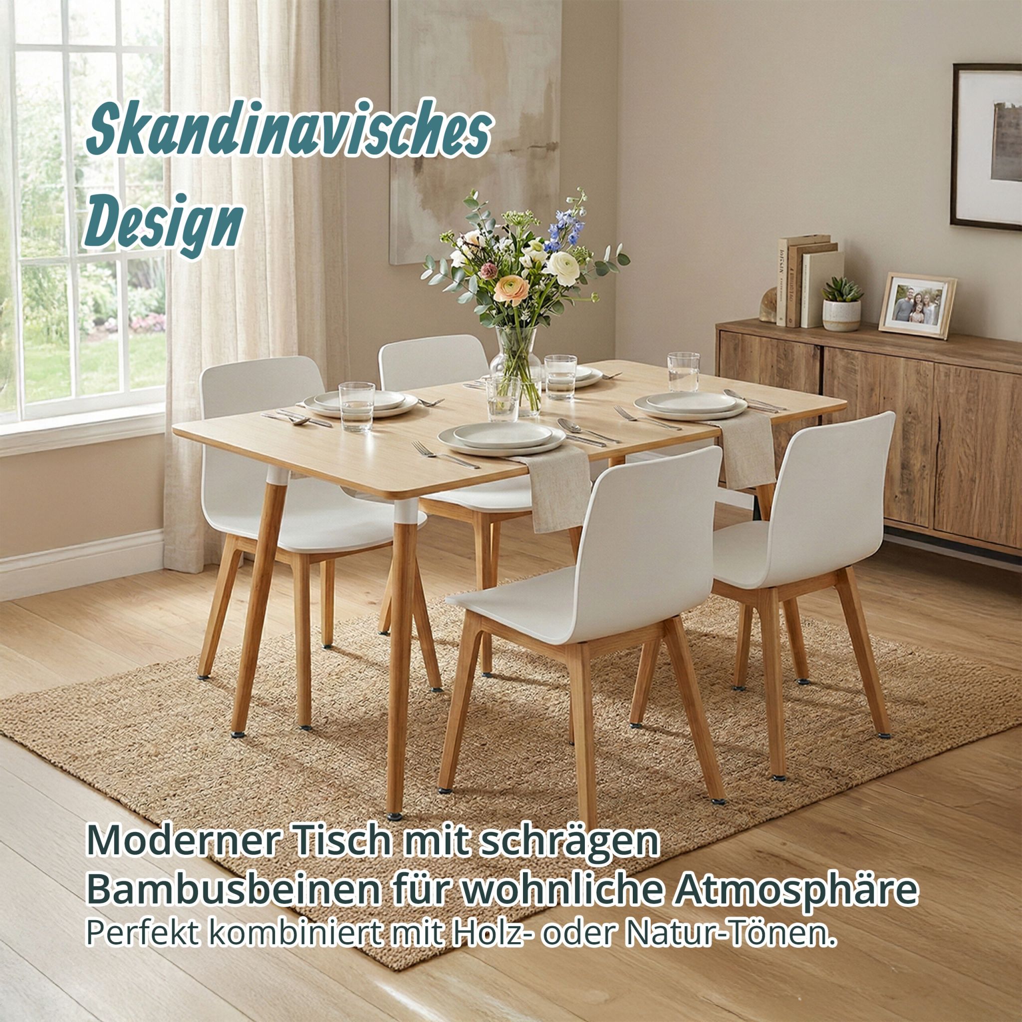 Eckiger Esstisch mit Bambusbeinen Hellbraun von Relaxdays