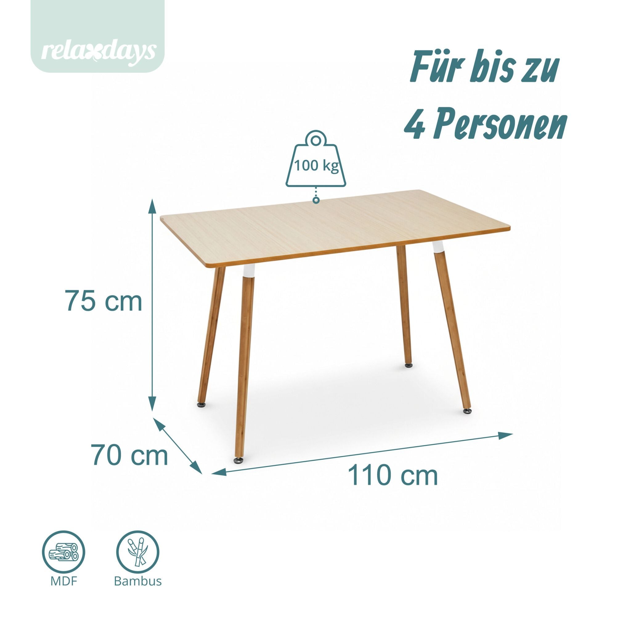 Eckiger Esstisch mit Bambusbeinen Hellbraun von Relaxdays