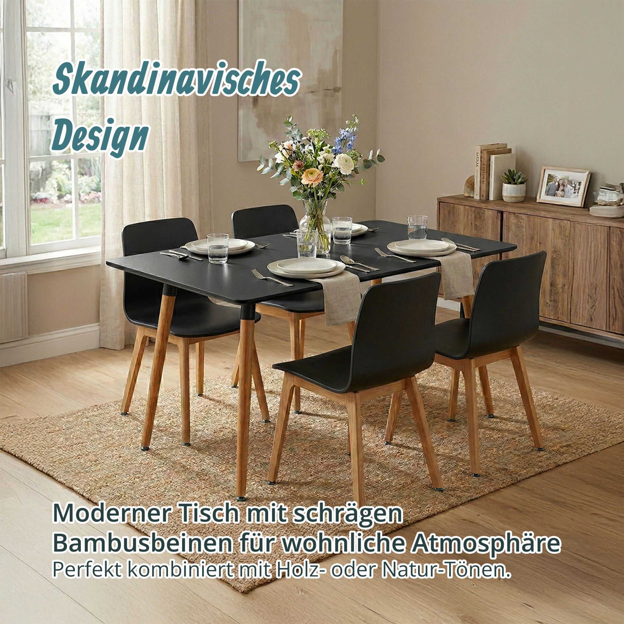 Eckiger Esstisch mit Bambusbeinen Hellbraun-Schwarz von Relaxdays