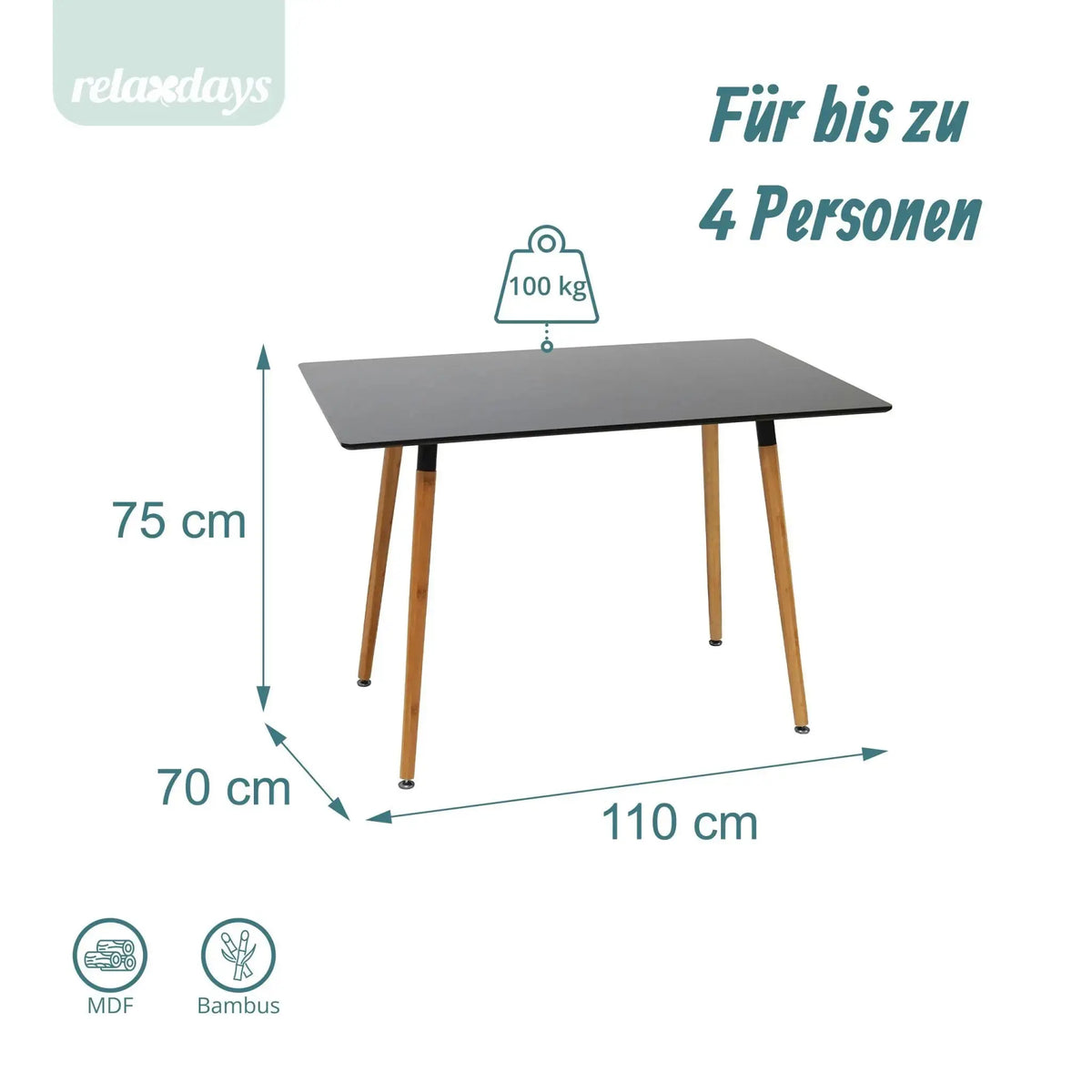 Eckiger Esstisch mit Bambusbeinen Hellbraun-Schwarz von Relaxdays