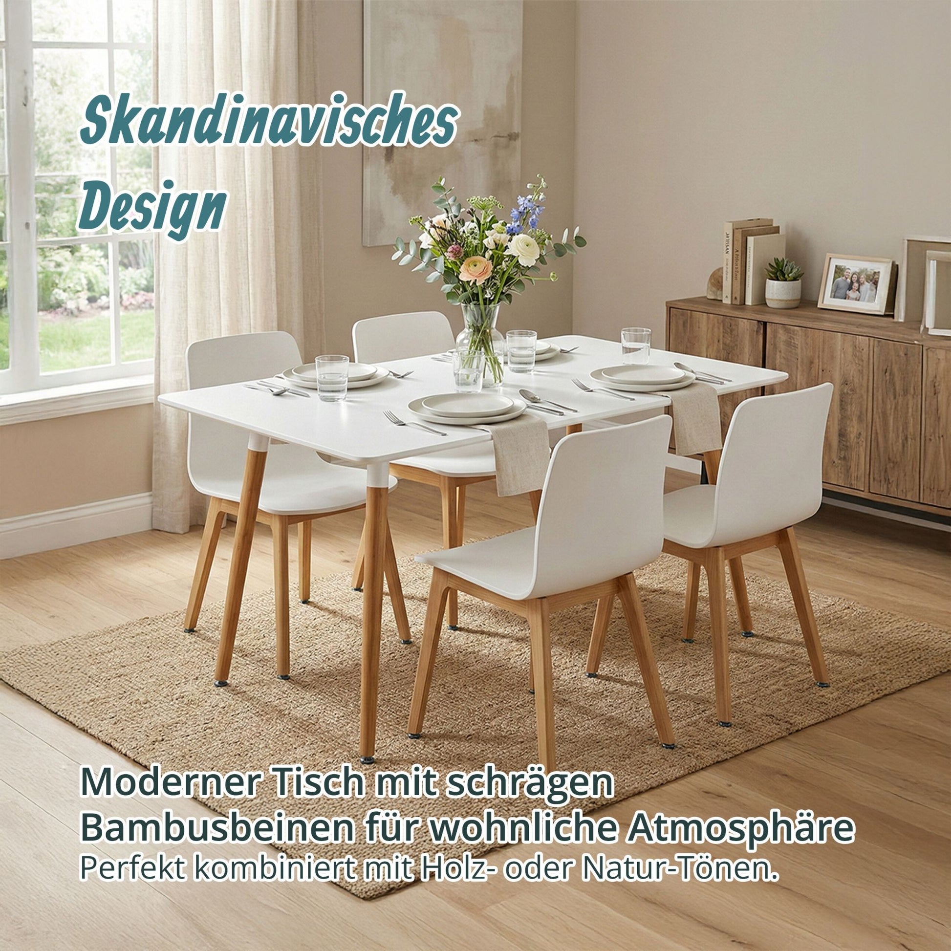 Eckiger Esstisch mit Bambusbeinen Weiss-Hellbraun von Relaxdays