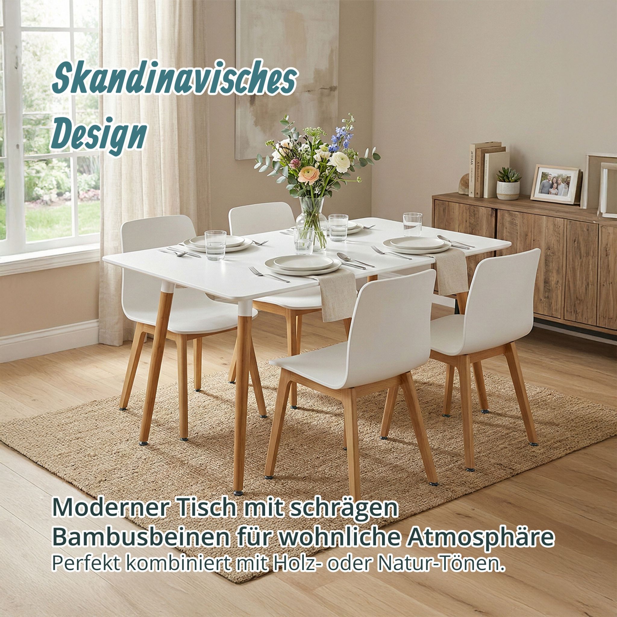 Eckiger Esstisch mit Bambusbeinen Weiss-Hellbraun von Relaxdays