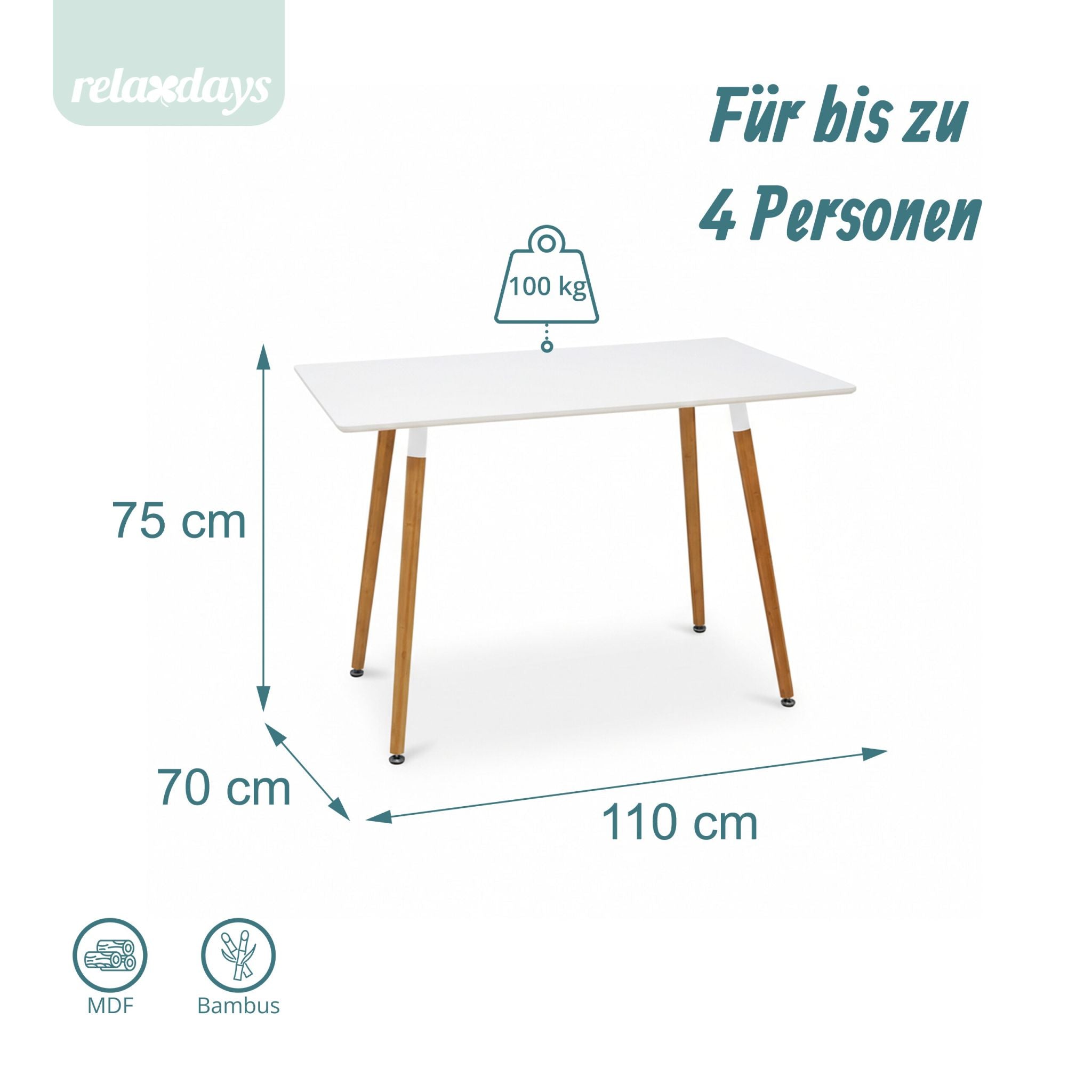 Eckiger Esstisch mit Bambusbeinen Weiss-Hellbraun von Relaxdays
