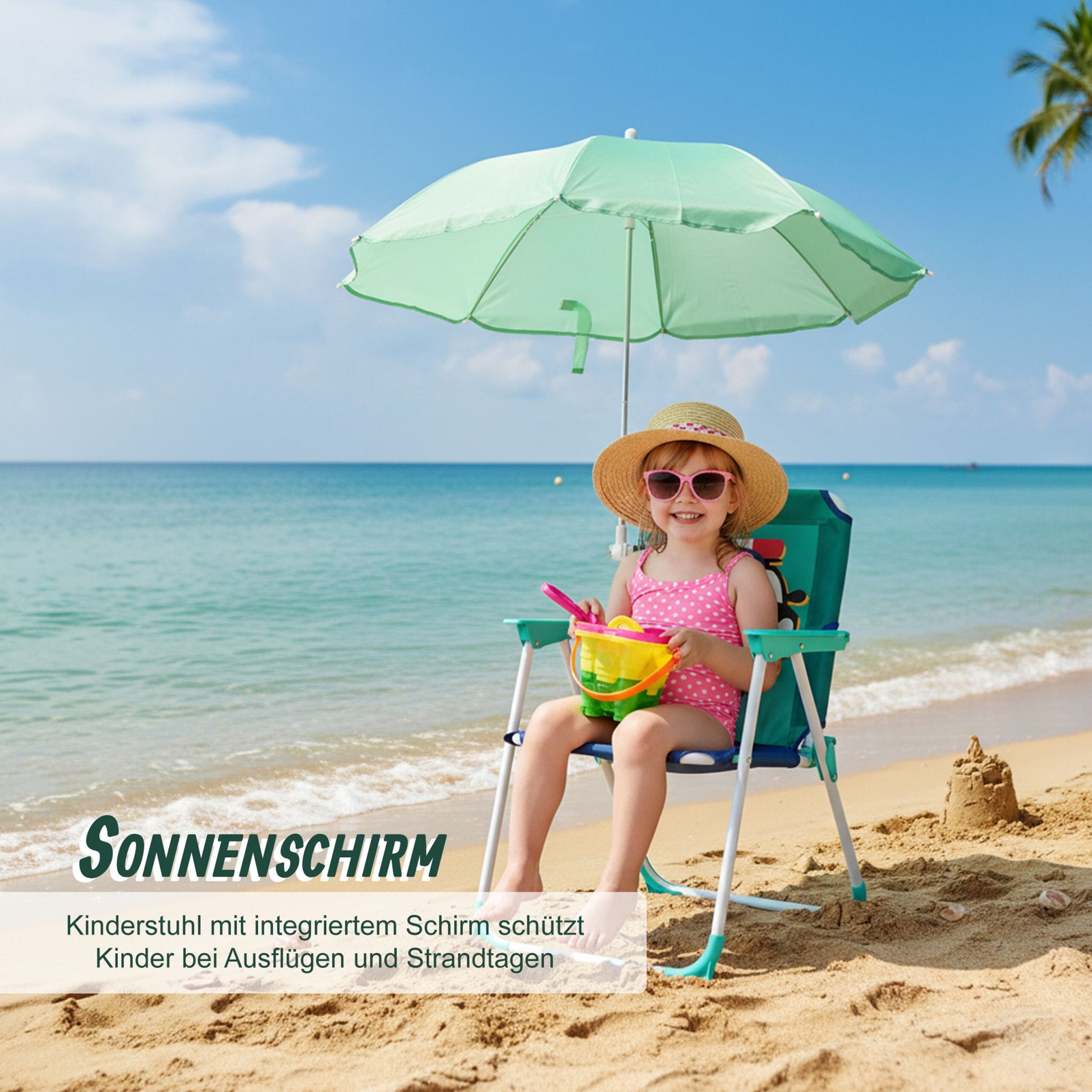 Kinder Klappstuhl mit Sonnenschirm Weiss-Blau-Türkis von Relaxdays