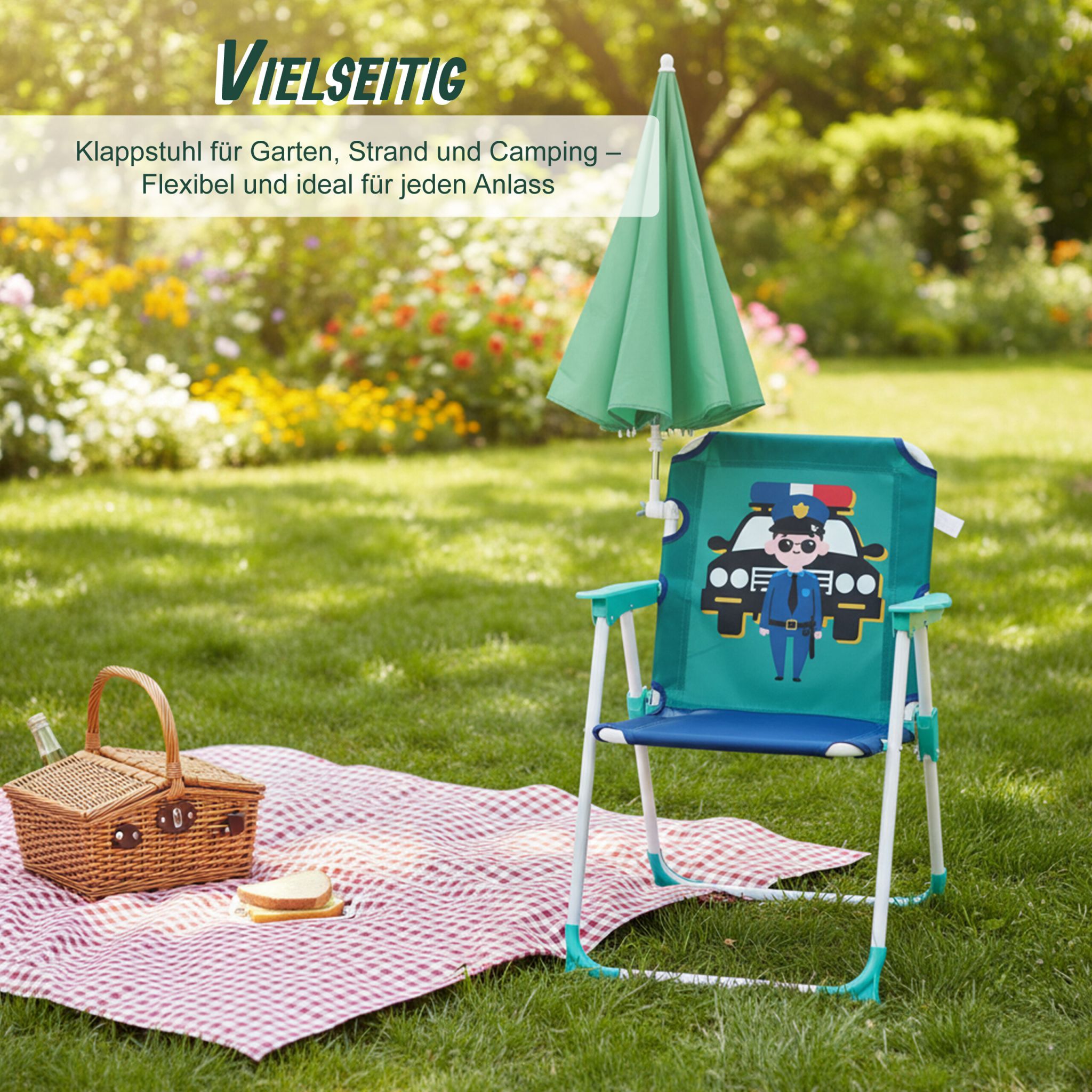 Kinder Klappstuhl mit Sonnenschirm Weiss-Blau-Türkis von Relaxdays
