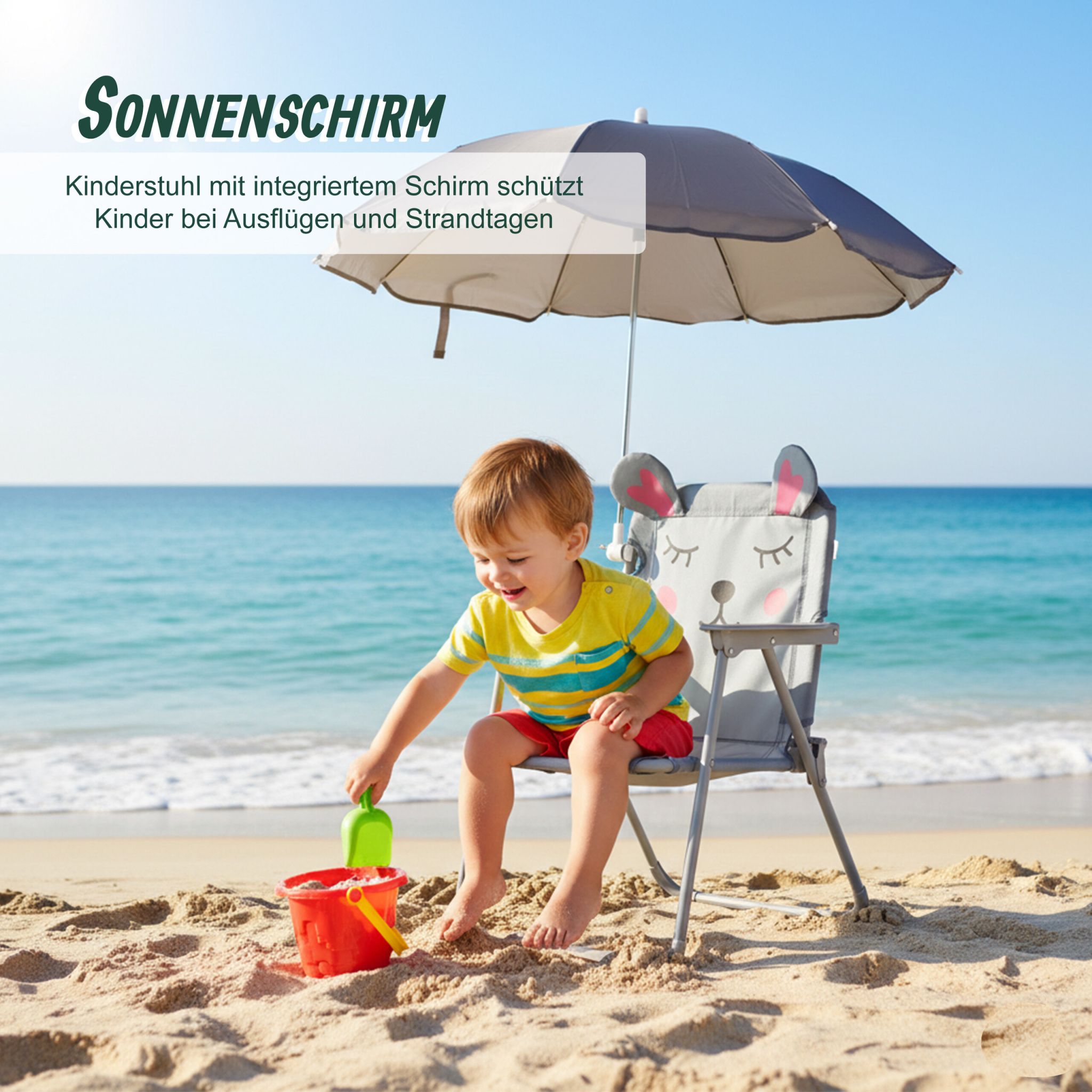 Kinder Klappstuhl mit Sonnenschirm Anthrazit-Rosa-Grau von Relaxdays