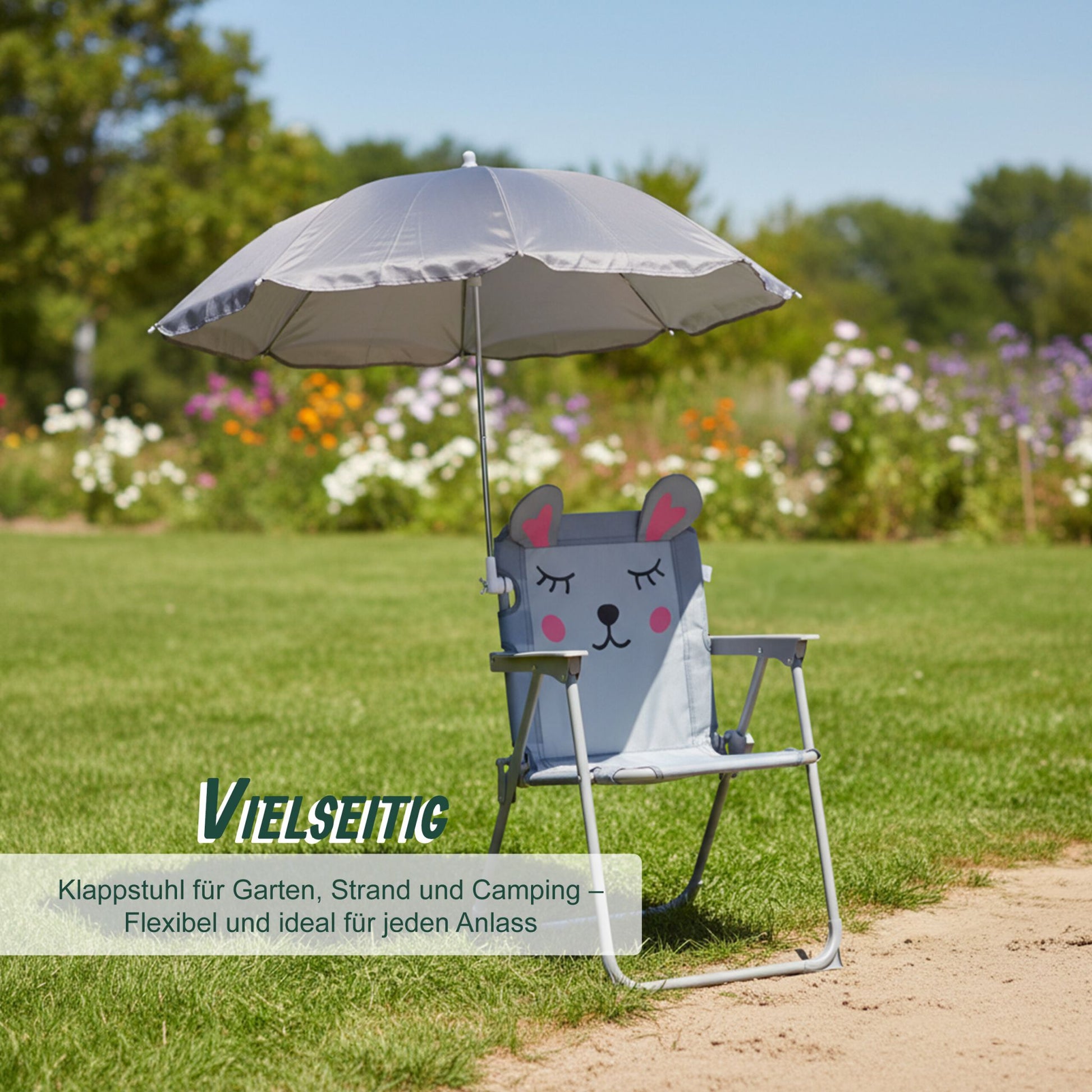 Kinder Klappstuhl mit Sonnenschirm Anthrazit-Rosa-Grau von Relaxdays