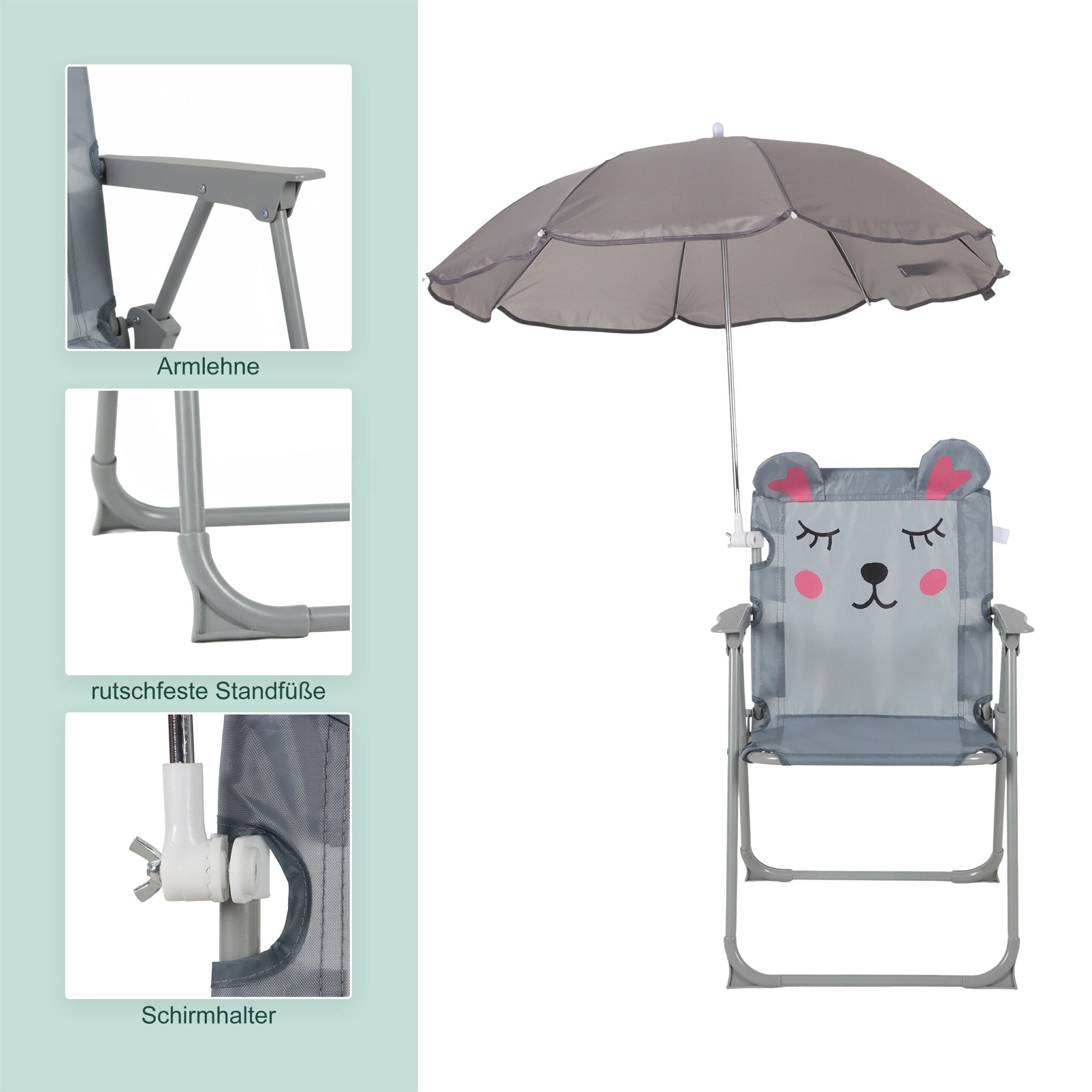 Kinder Klappstuhl mit Sonnenschirm Anthrazit-Rosa-Grau von Relaxdays