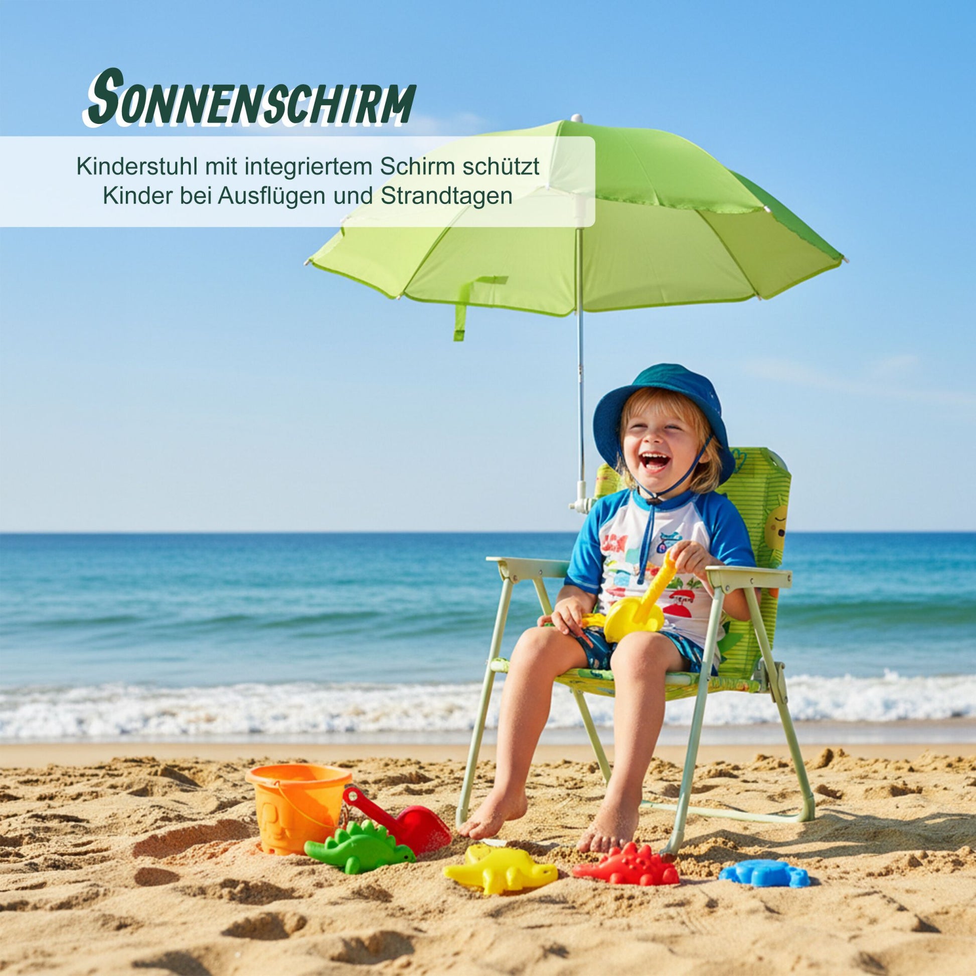 Kinder Klappstuhl mit Sonnenschirm Dunkelgrün-Grün von Relaxdays