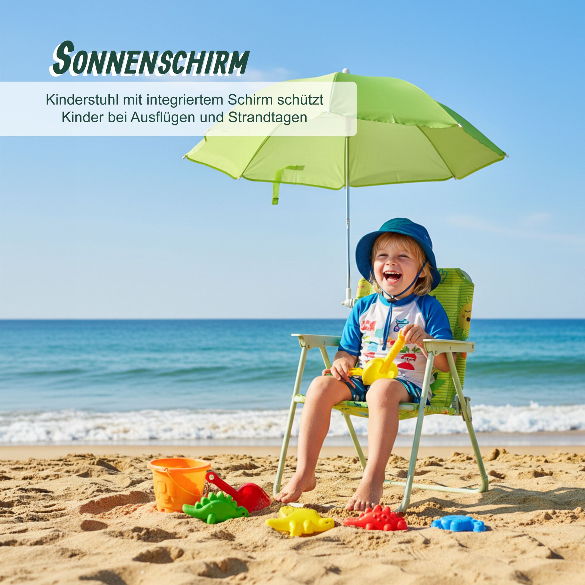 Kinder Klappstuhl mit Sonnenschirm Dunkelgrün-Grün von Relaxdays