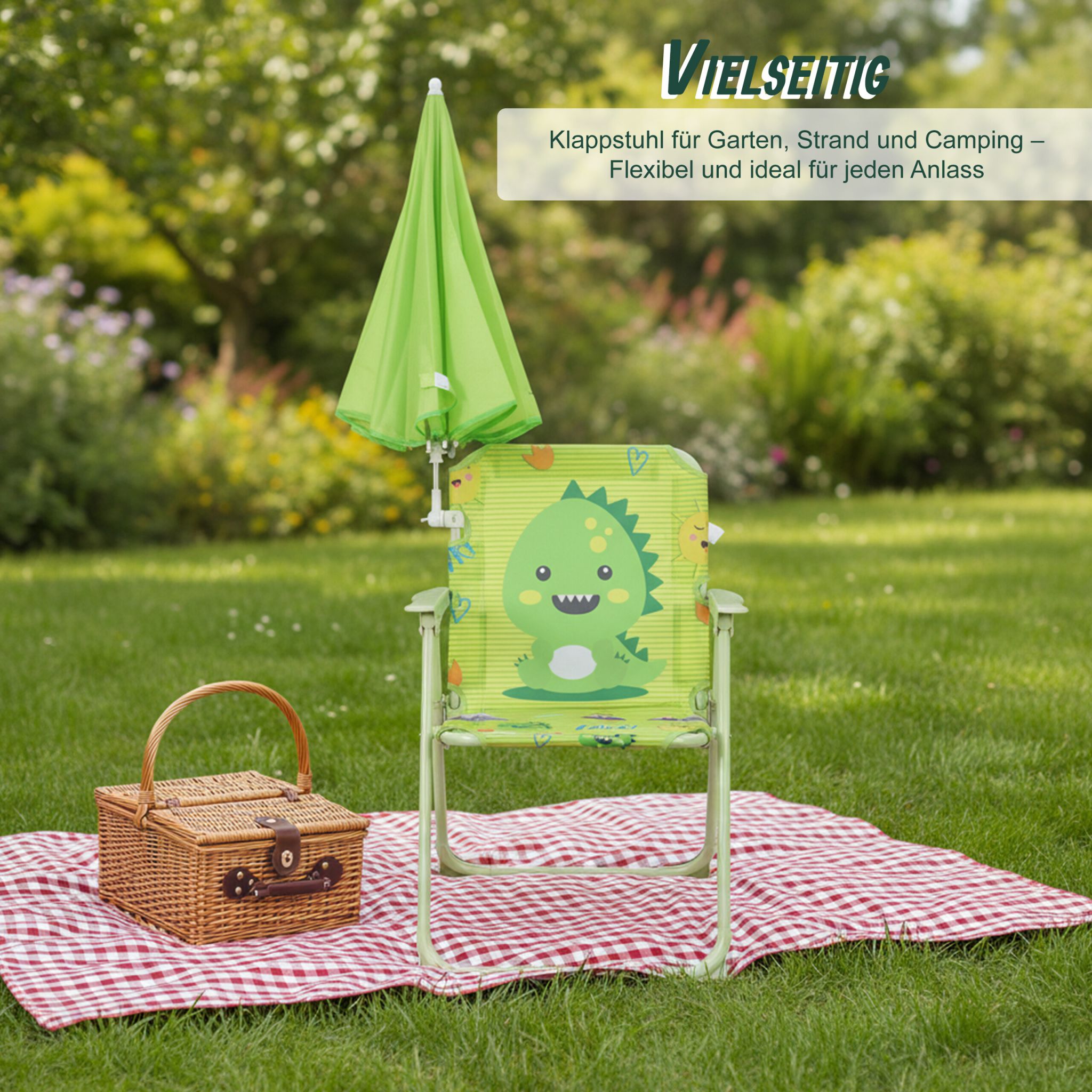 Kinder Klappstuhl mit Sonnenschirm Dunkelgrün-Grün von Relaxdays