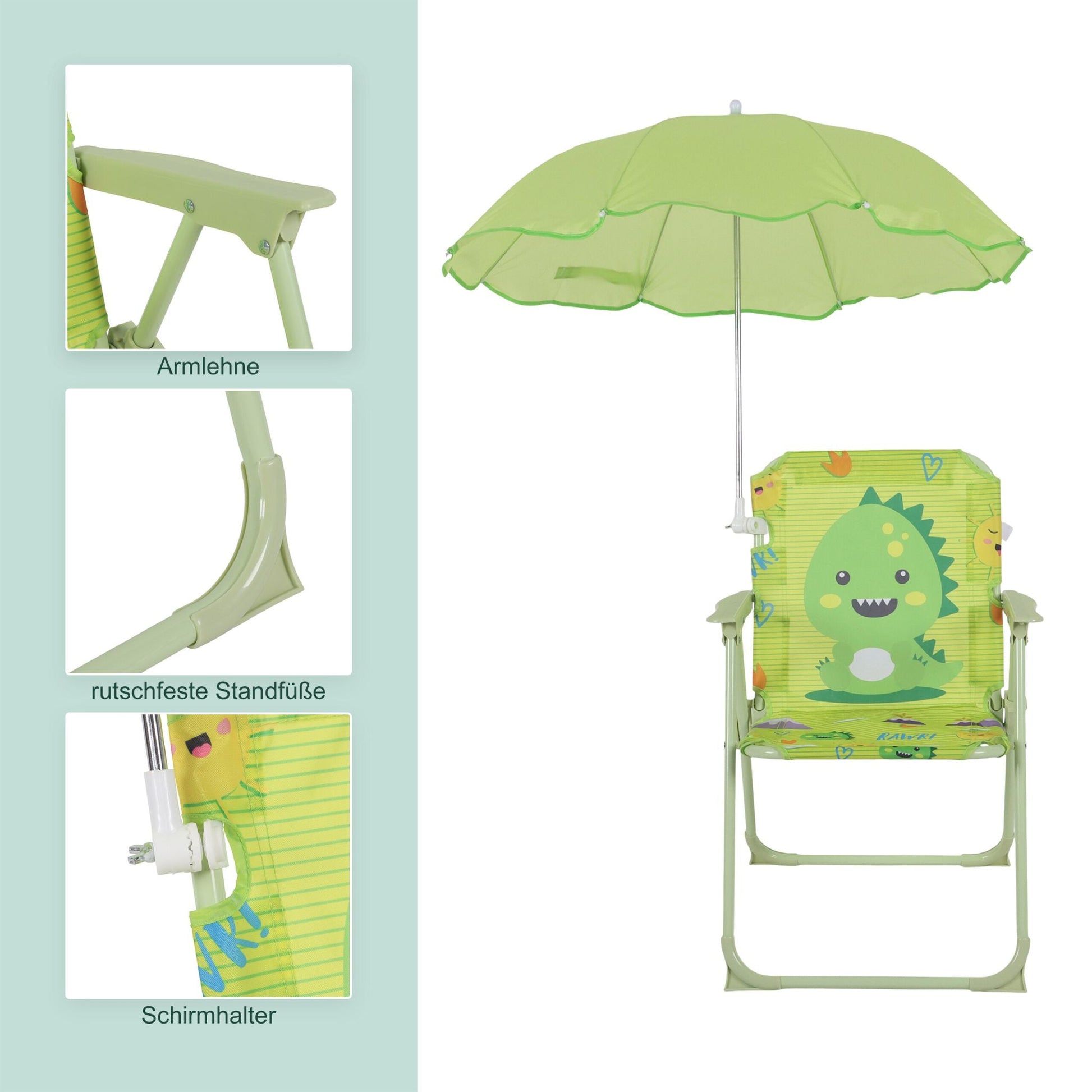 Kinder Klappstuhl mit Sonnenschirm Dunkelgrün-Grün von Relaxdays
