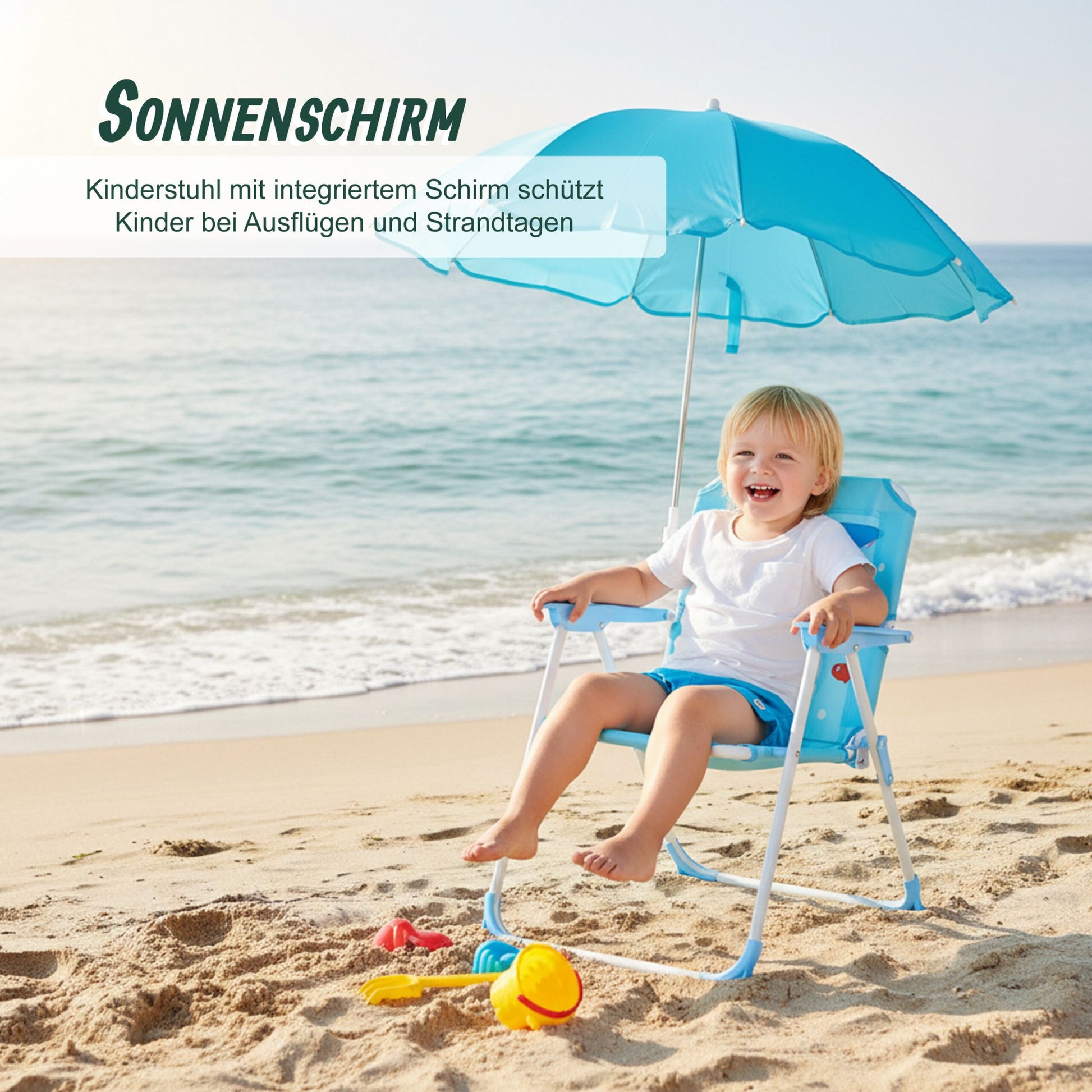 Kinder Klappstuhl mit Sonnenschirm Weiss-Blau-Hellblau von Relaxdays