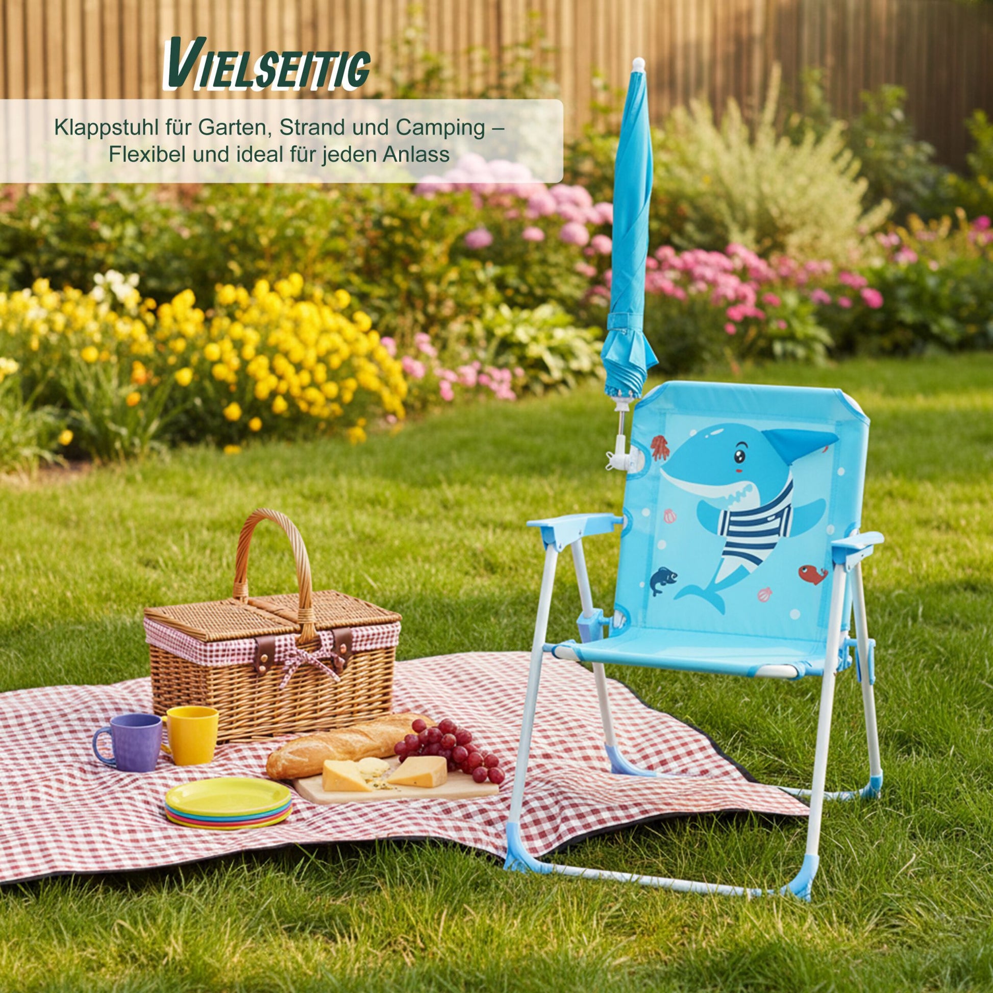 Kinder Klappstuhl mit Sonnenschirm Weiss-Blau-Hellblau von Relaxdays