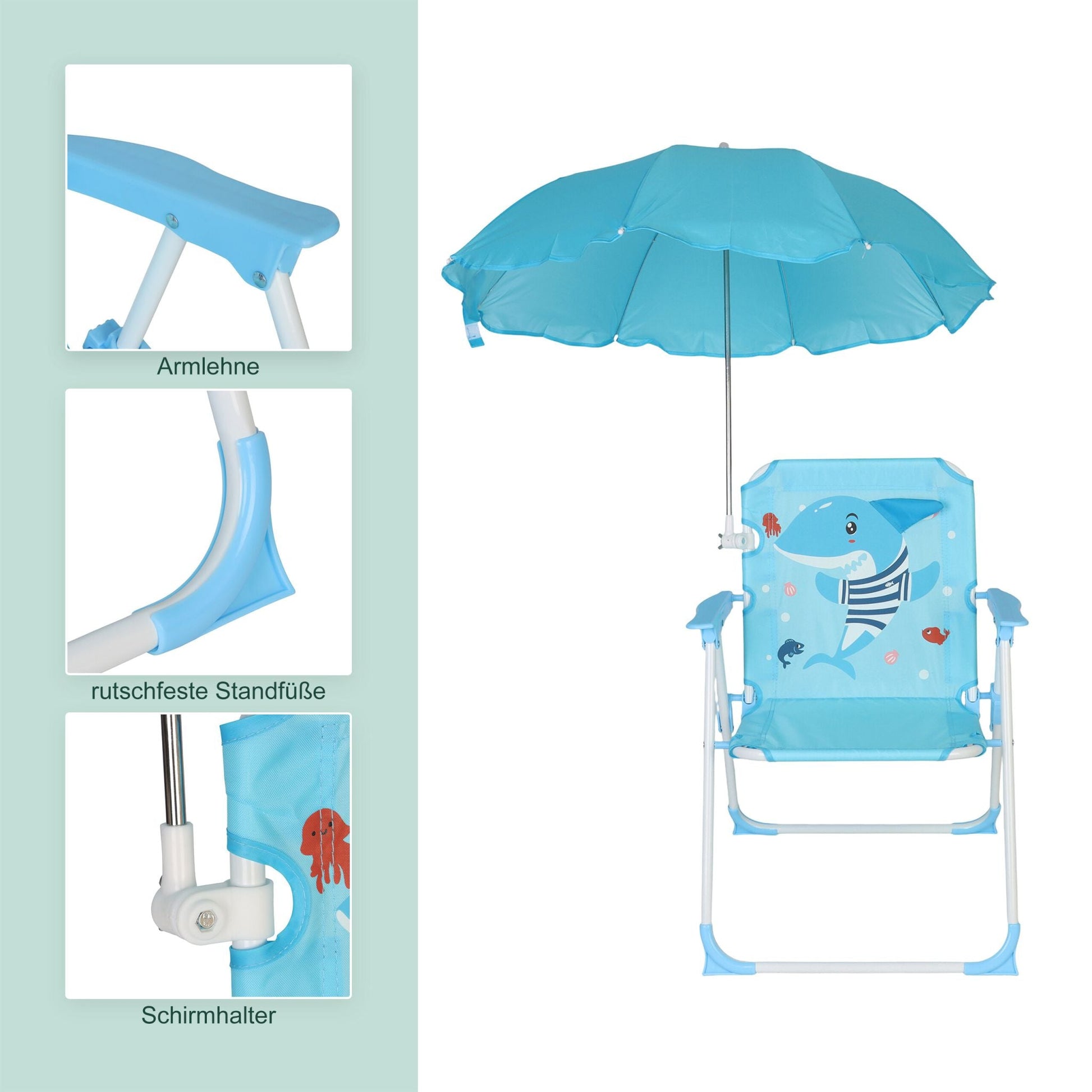 Kinder Klappstuhl mit Sonnenschirm Weiss-Blau-Hellblau von Relaxdays