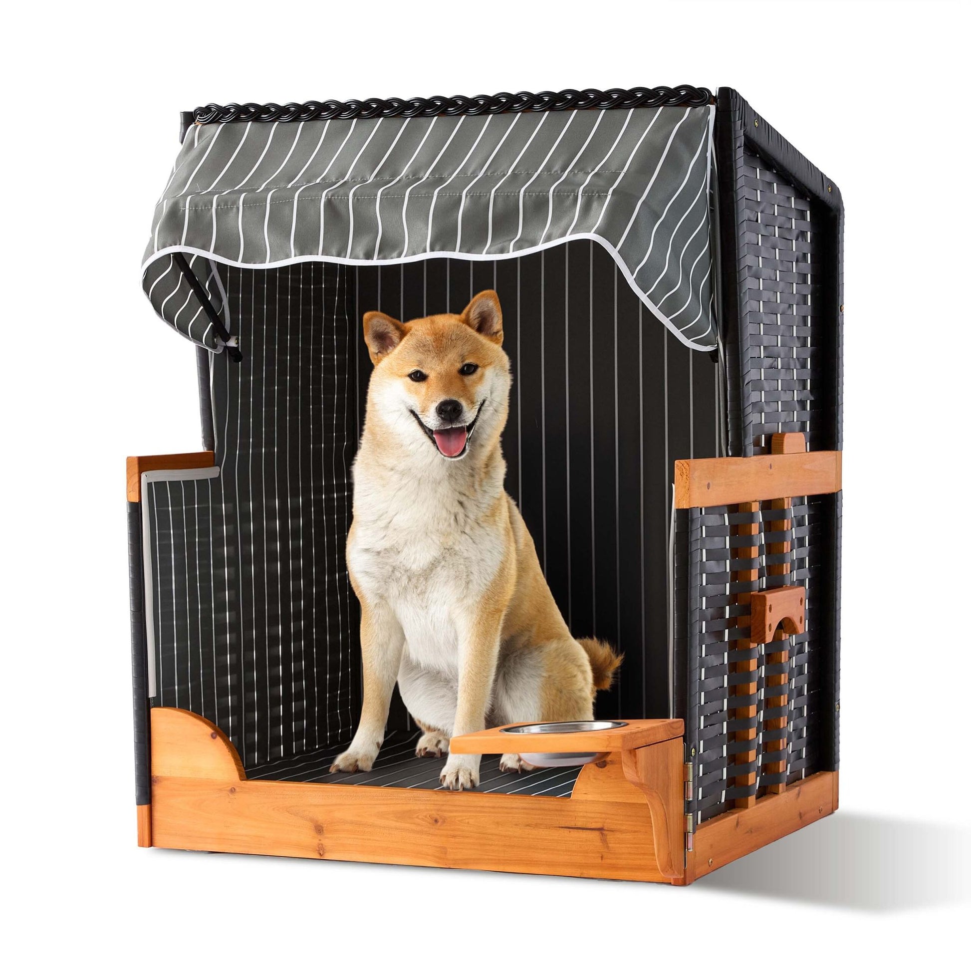 Hundestrandkorb Holz & Rattan inkl. Napf Hellbraun-Schwarz-Grau von Relaxdays