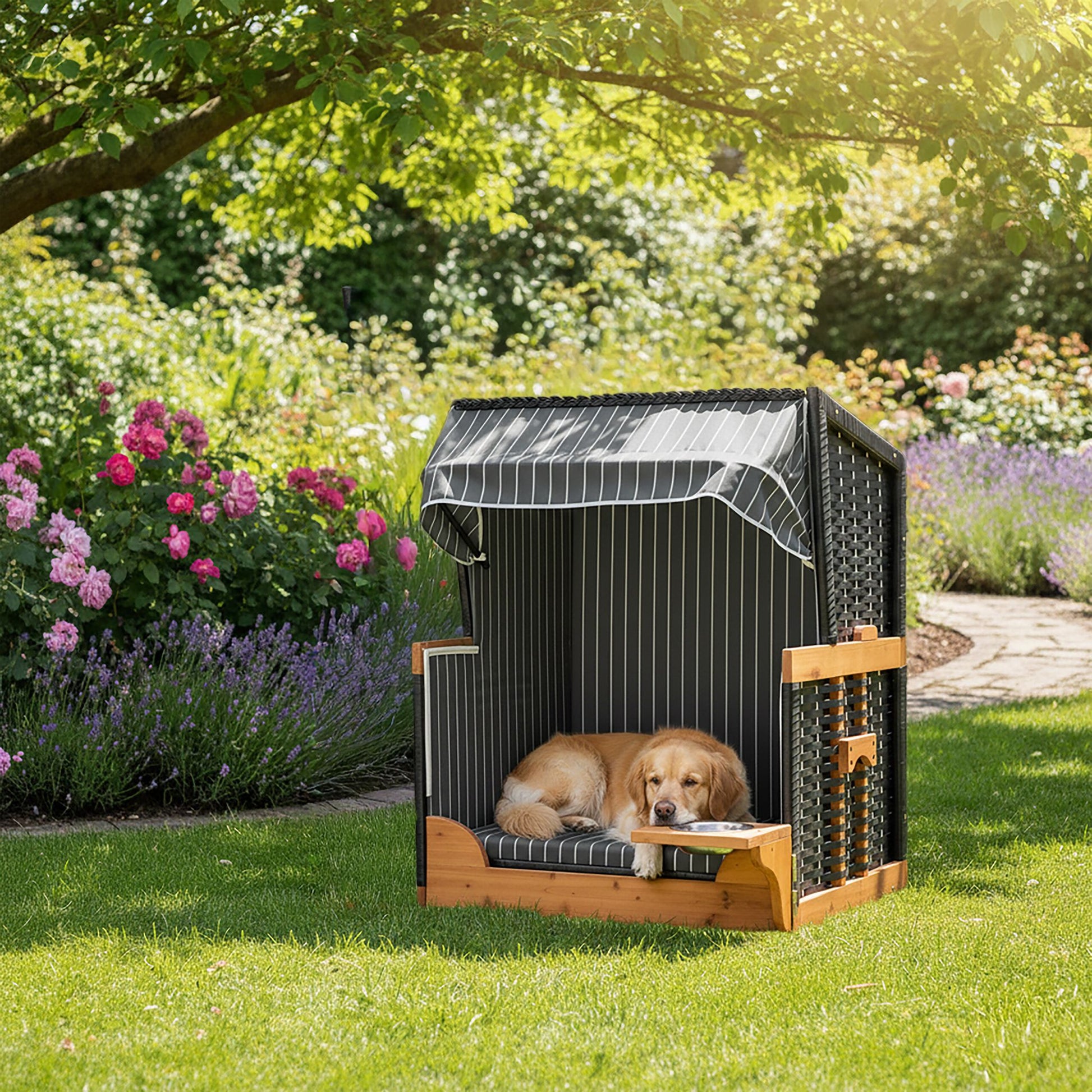 Hundestrandkorb Holz & Rattan inkl. Napf Hellbraun-Schwarz-Grau von Relaxdays
