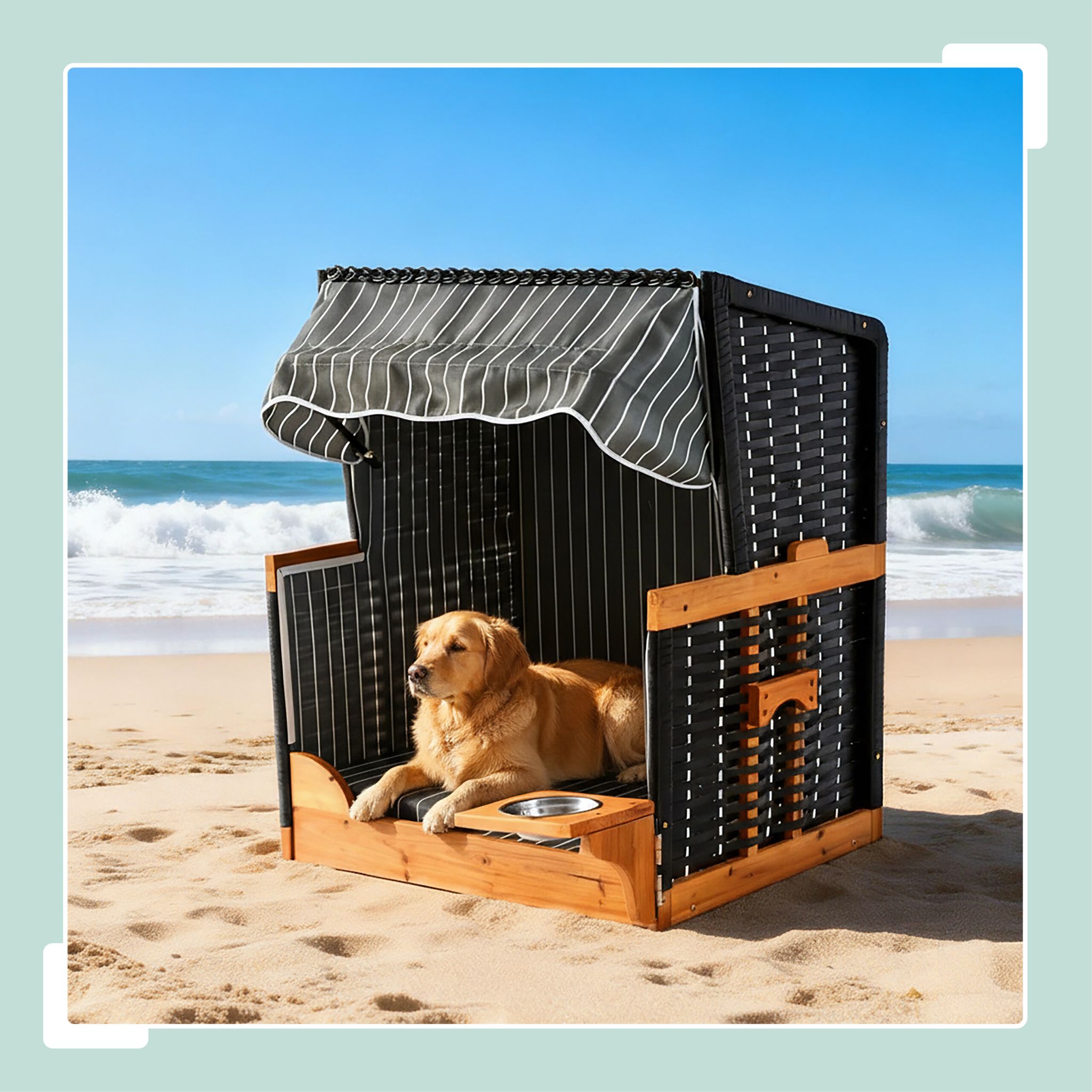 Hundestrandkorb Holz & Rattan inkl. Napf Hellbraun-Schwarz-Grau von Relaxdays