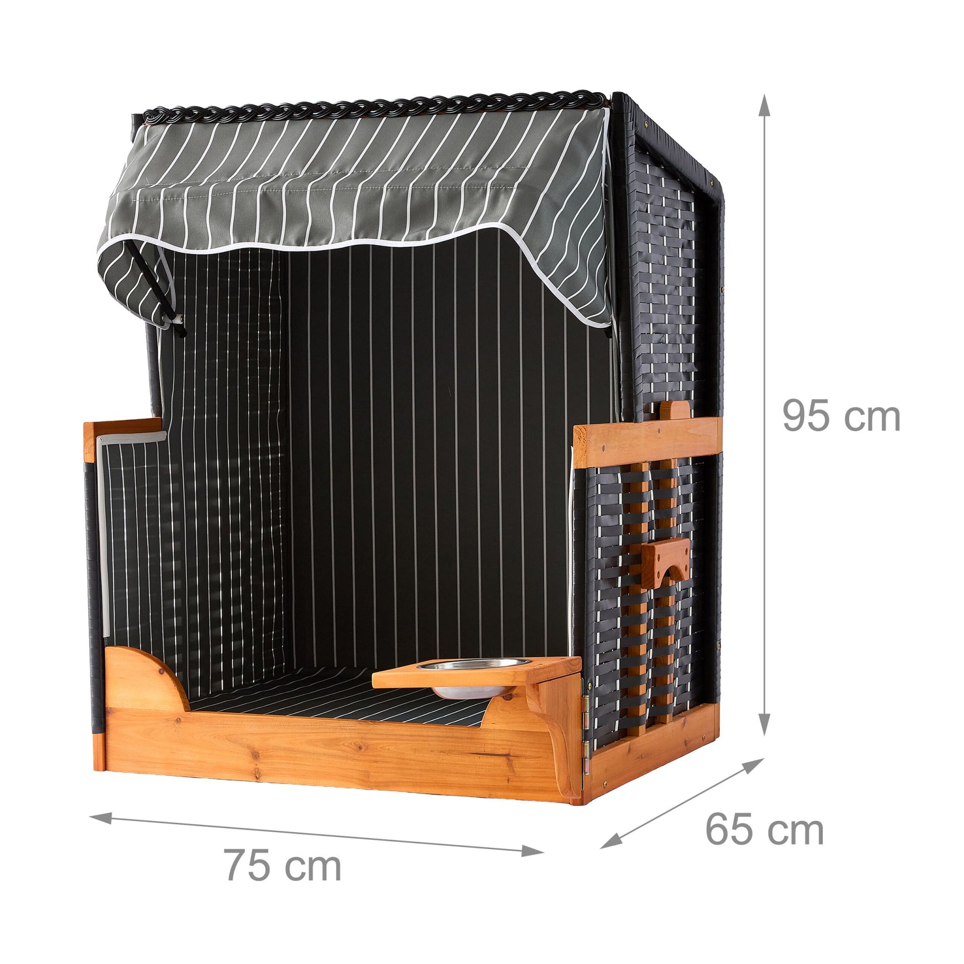 Hundestrandkorb Holz & Rattan inkl. Napf Hellbraun-Schwarz-Grau von Relaxdays