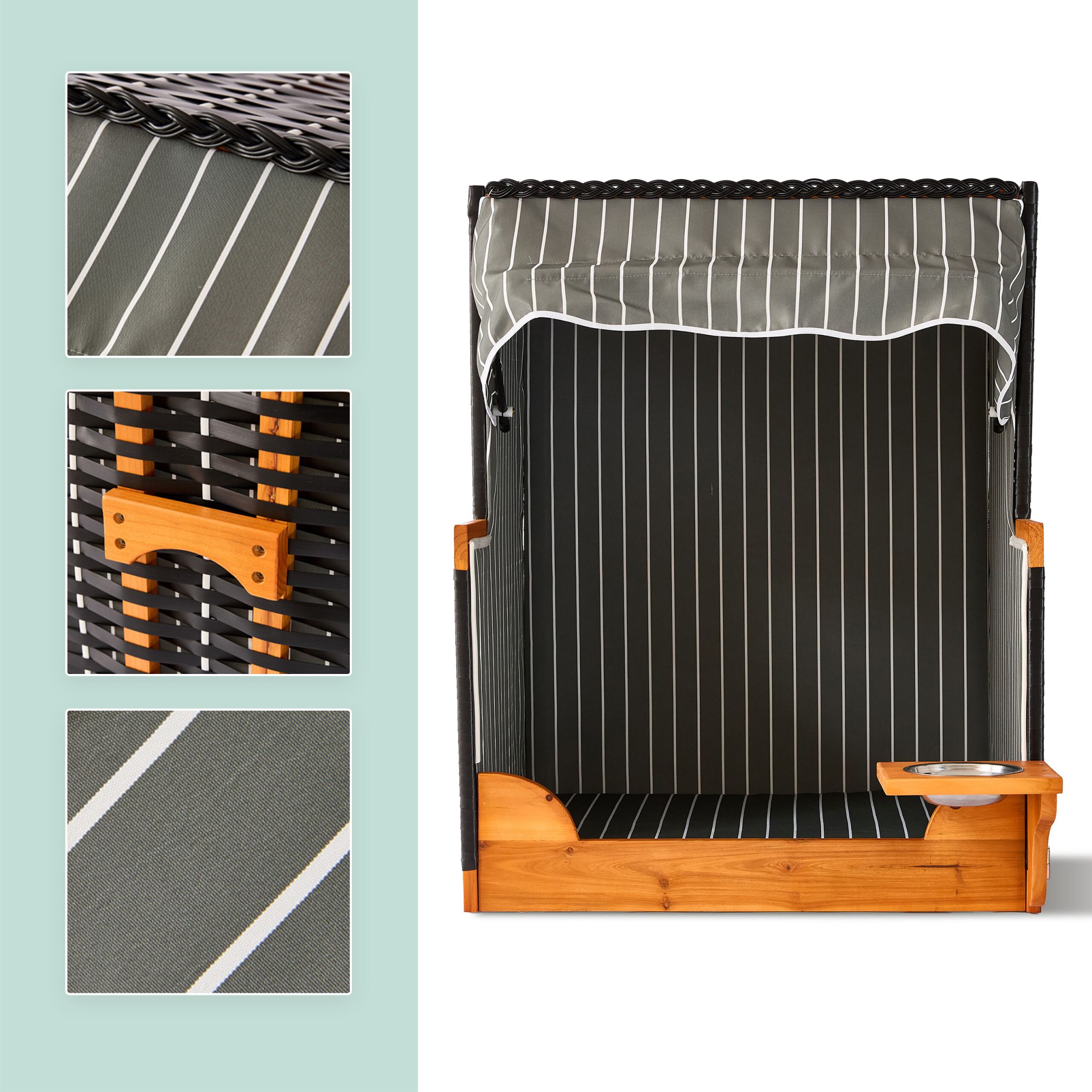 Hundestrandkorb Holz & Rattan inkl. Napf Hellbraun-Schwarz-Grau von Relaxdays
