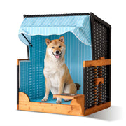 Hundestrandkorb Holz & Rattan inkl. Napf Hellblau-Hellbraun-Schwarz von Relaxdays