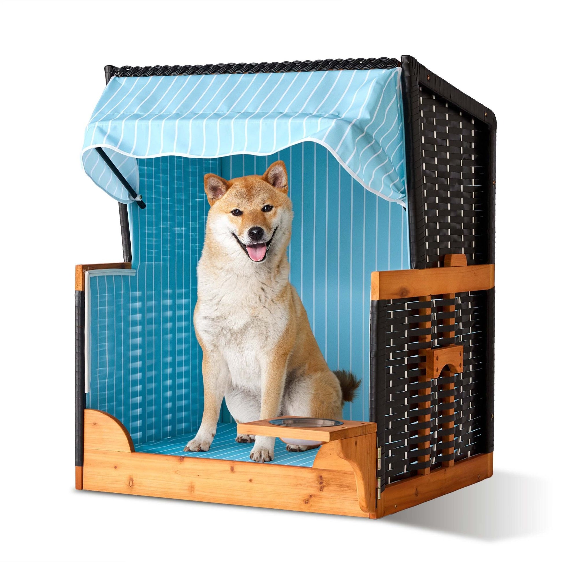 Hundestrandkorb Holz & Rattan inkl. Napf Hellblau-Hellbraun-Schwarz von Relaxdays