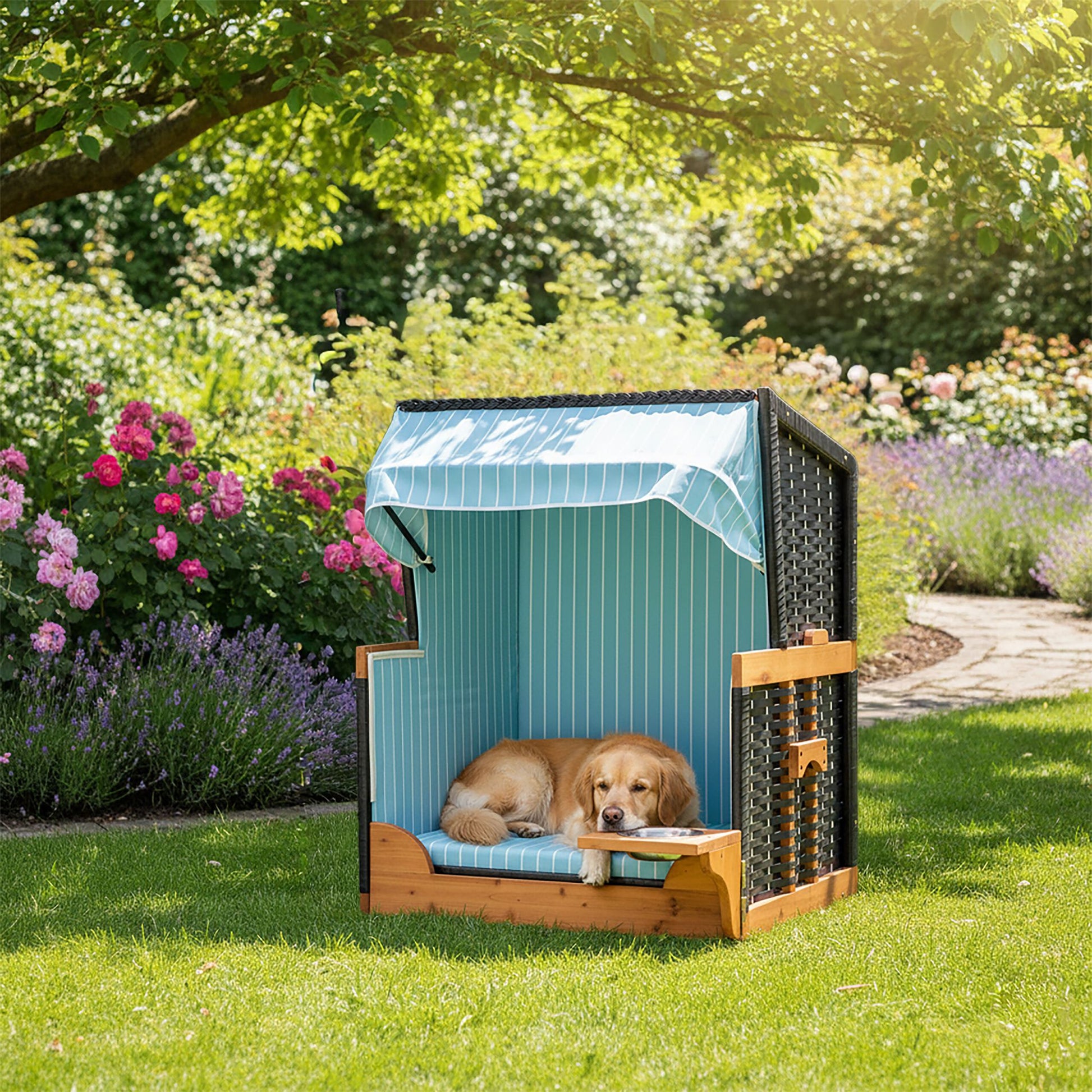 Hundestrandkorb Holz & Rattan inkl. Napf Hellblau-Hellbraun-Schwarz von Relaxdays