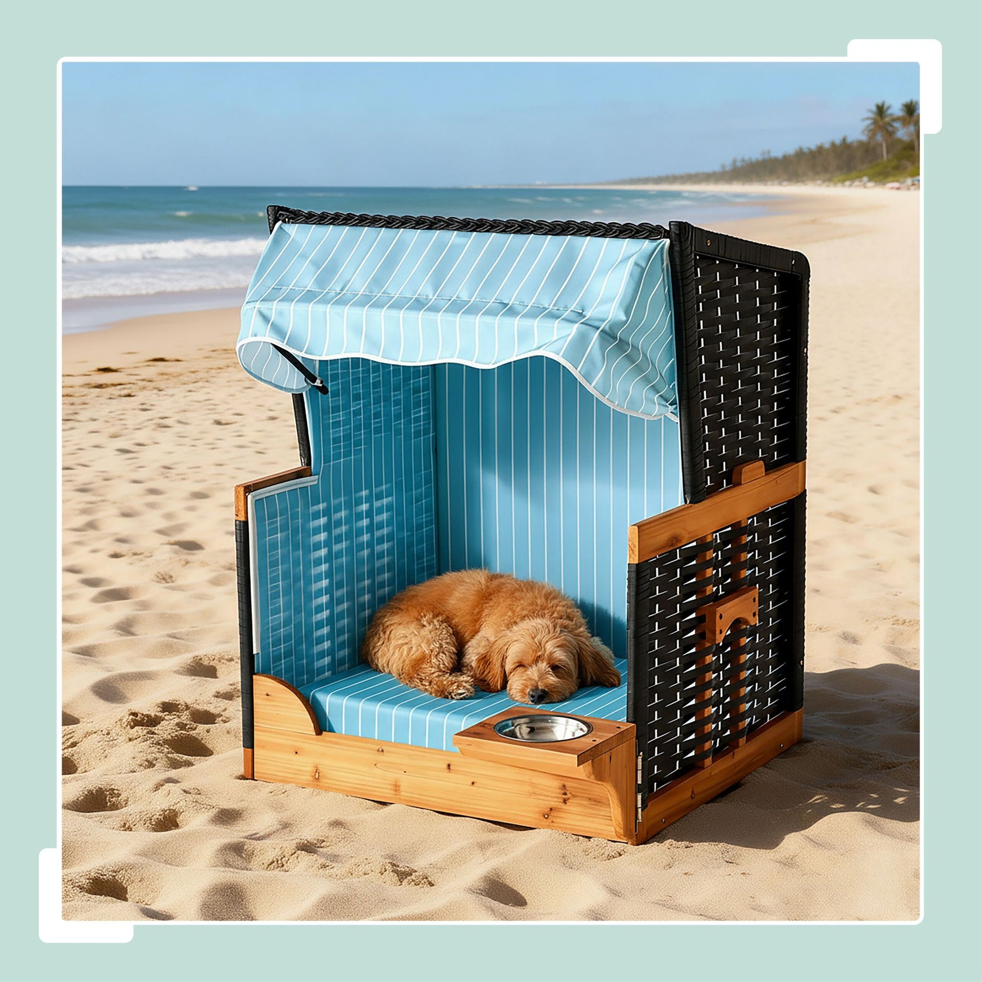 Hundestrandkorb Holz & Rattan inkl. Napf Hellblau-Hellbraun-Schwarz von Relaxdays