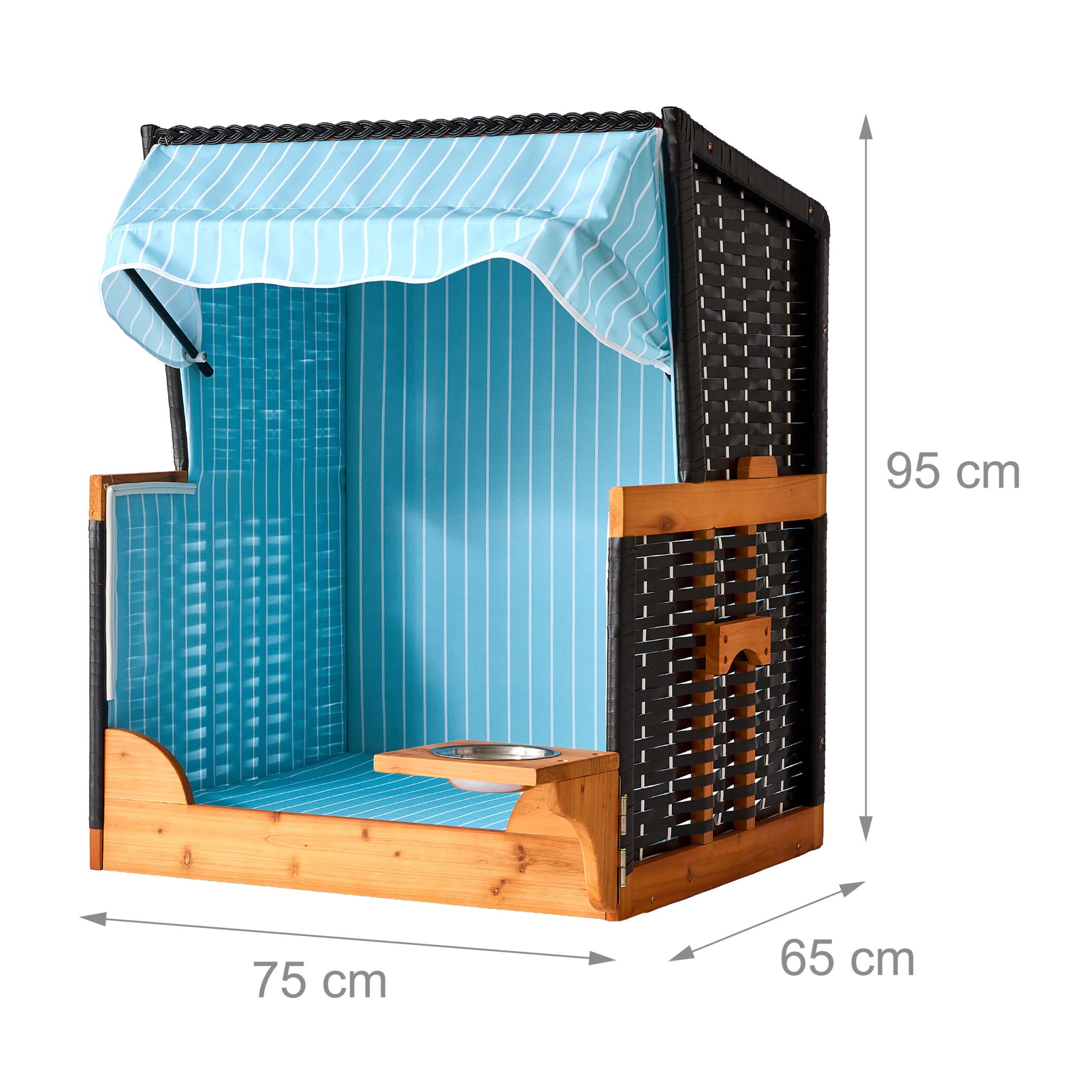 Hundestrandkorb Holz & Rattan inkl. Napf Hellblau-Hellbraun-Schwarz von Relaxdays