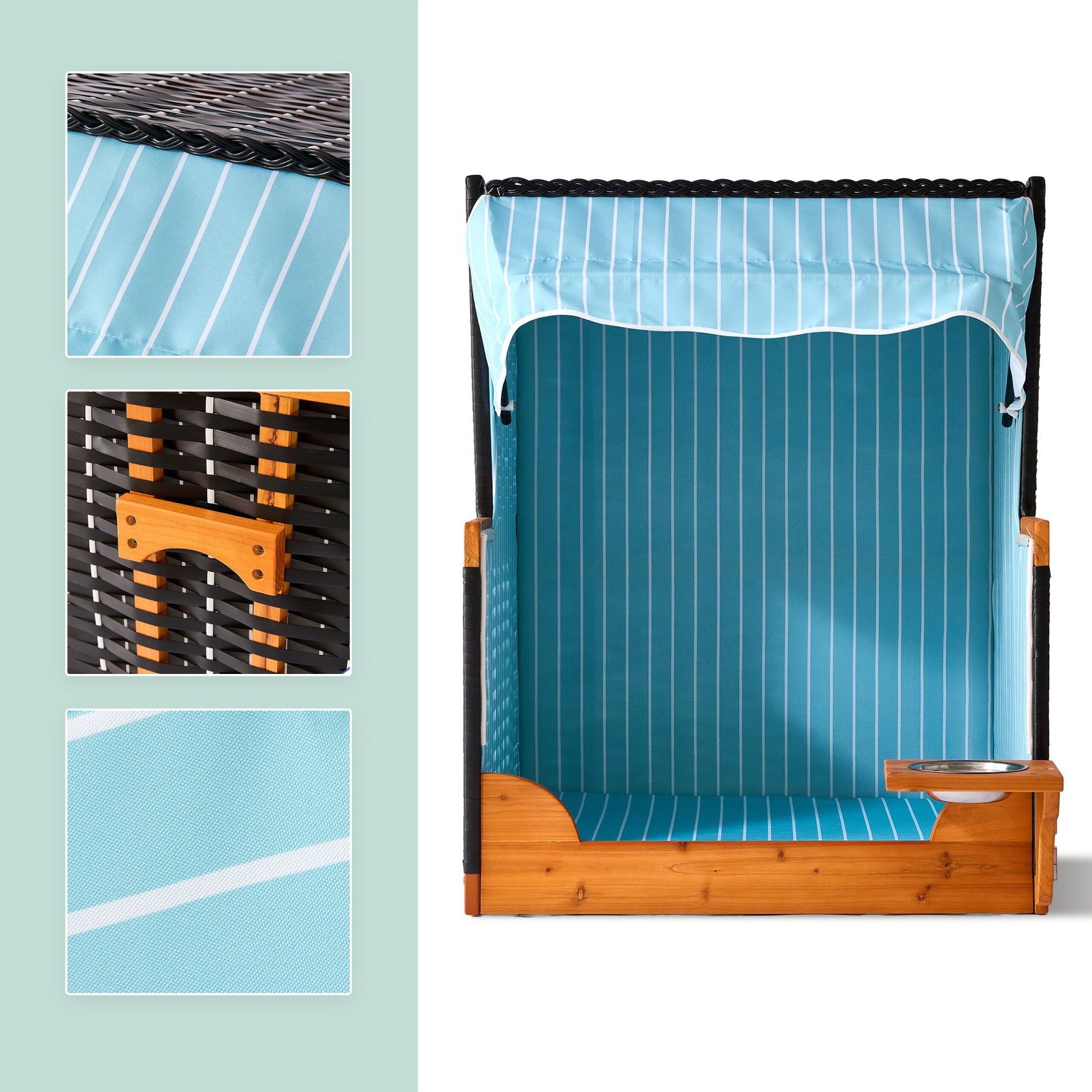 Hundestrandkorb Holz & Rattan inkl. Napf Hellblau-Hellbraun-Schwarz von Relaxdays