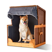 Hundestrandkorb Holz & Rattan inkl. Napf Braun-Dunkelblau-Hellbraun von Relaxdays