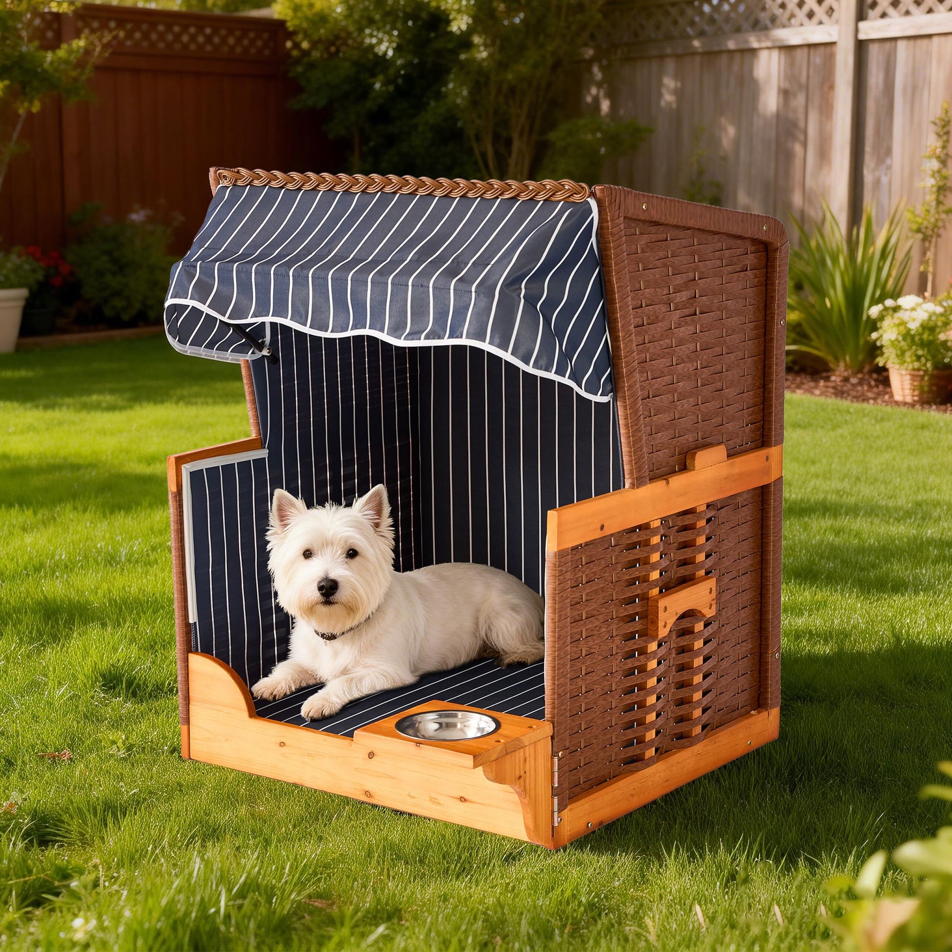 Hundestrandkorb Holz & Rattan inkl. Napf Braun-Dunkelblau-Hellbraun von Relaxdays