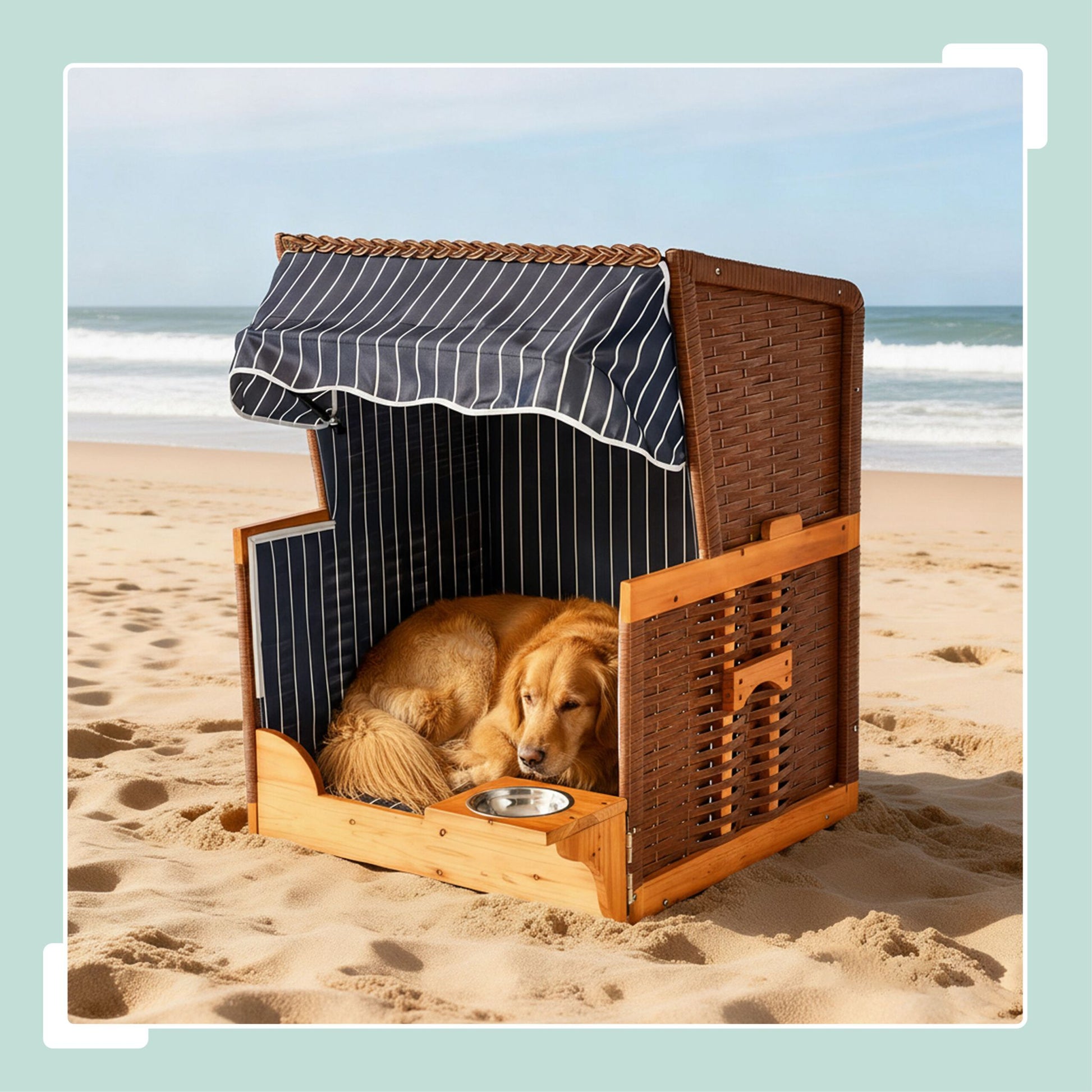 Hundestrandkorb Holz & Rattan inkl. Napf Braun-Dunkelblau-Hellbraun von Relaxdays