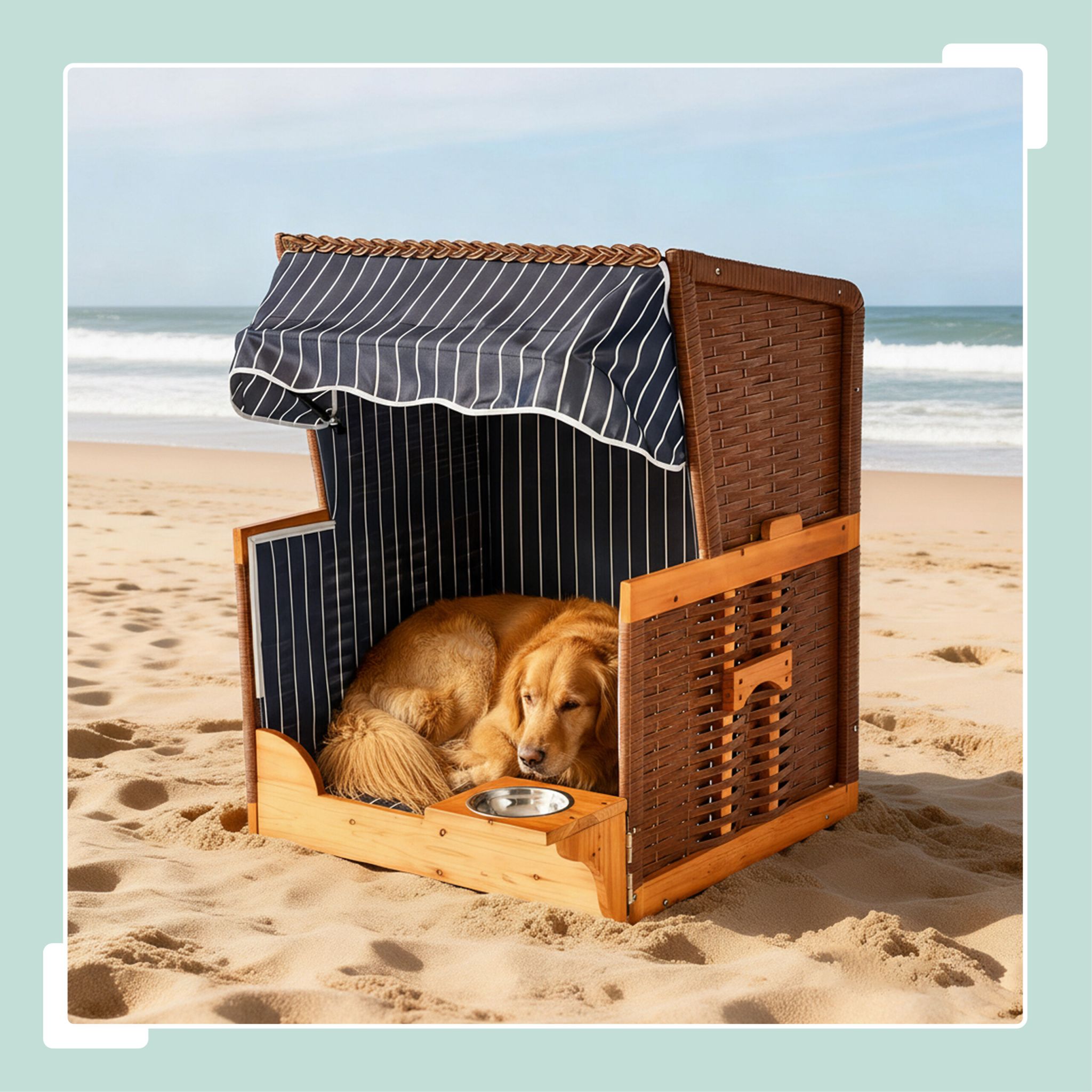 Hundestrandkorb Holz & Rattan inkl. Napf Braun-Dunkelblau-Hellbraun von Relaxdays