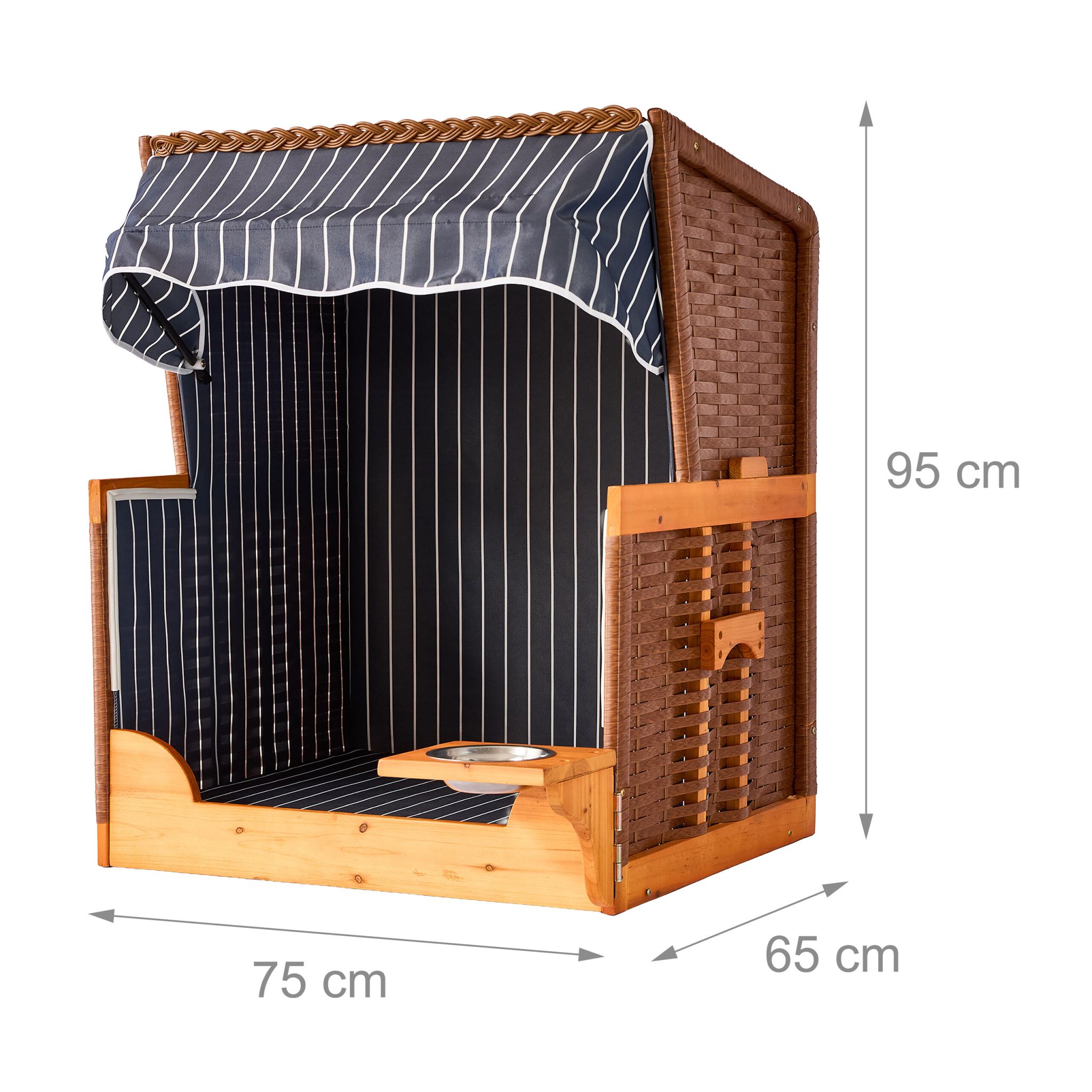 Hundestrandkorb Holz & Rattan inkl. Napf Braun-Dunkelblau-Hellbraun von Relaxdays