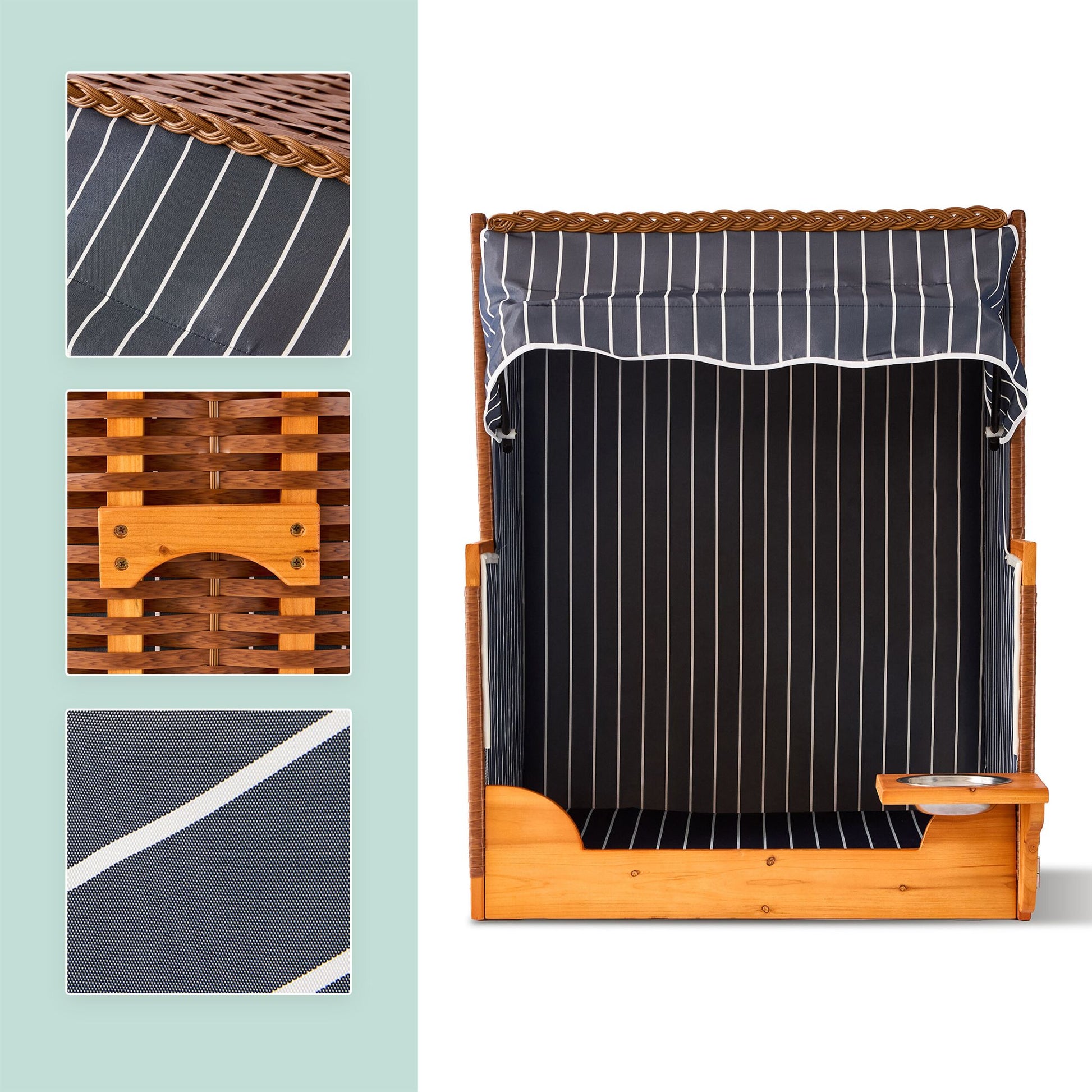 Hundestrandkorb Holz & Rattan inkl. Napf Braun-Dunkelblau-Hellbraun von Relaxdays