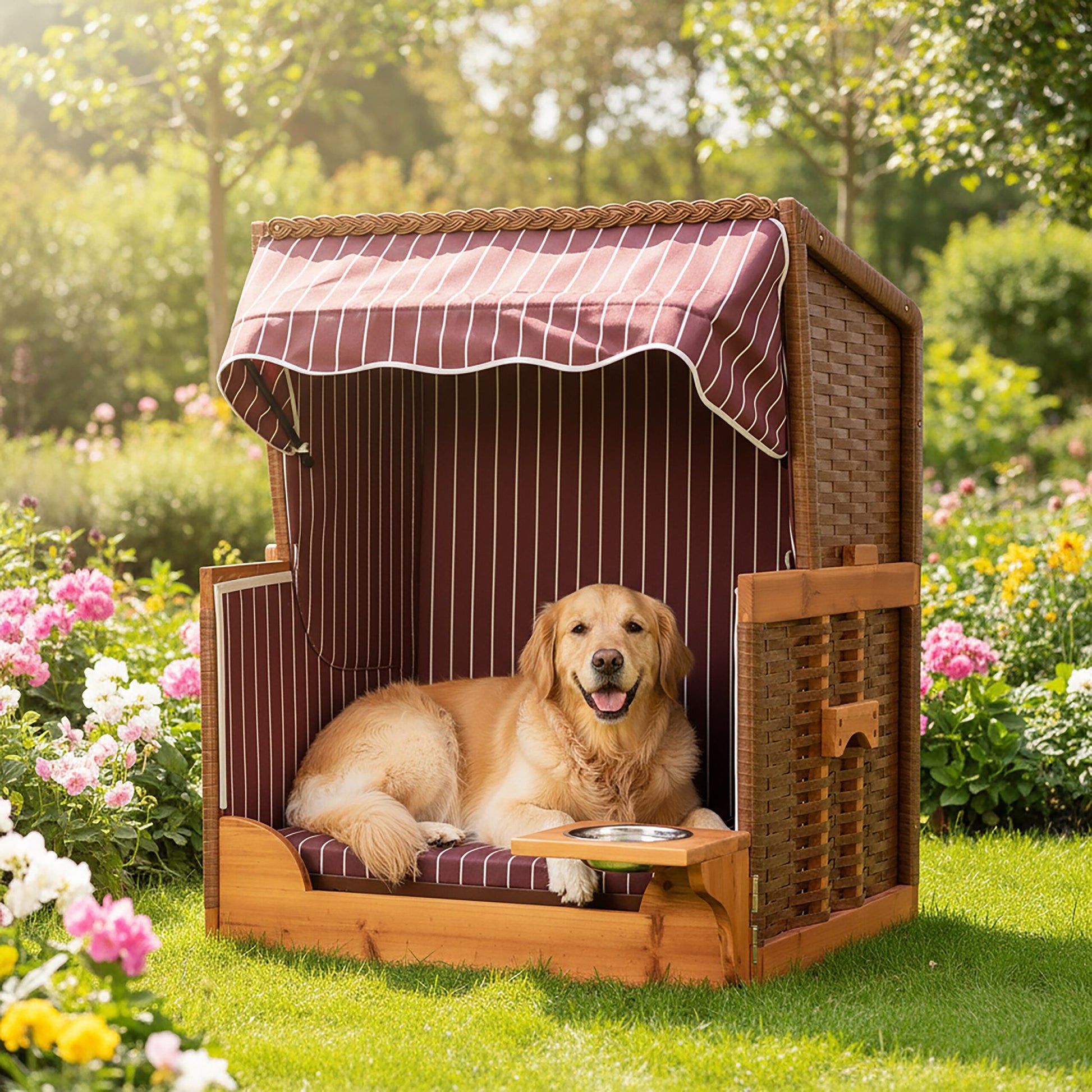Hundestrandkorb Holz & Rattan inkl. Napf Braun-Dunkelrot-Schwarz von Relaxdays
