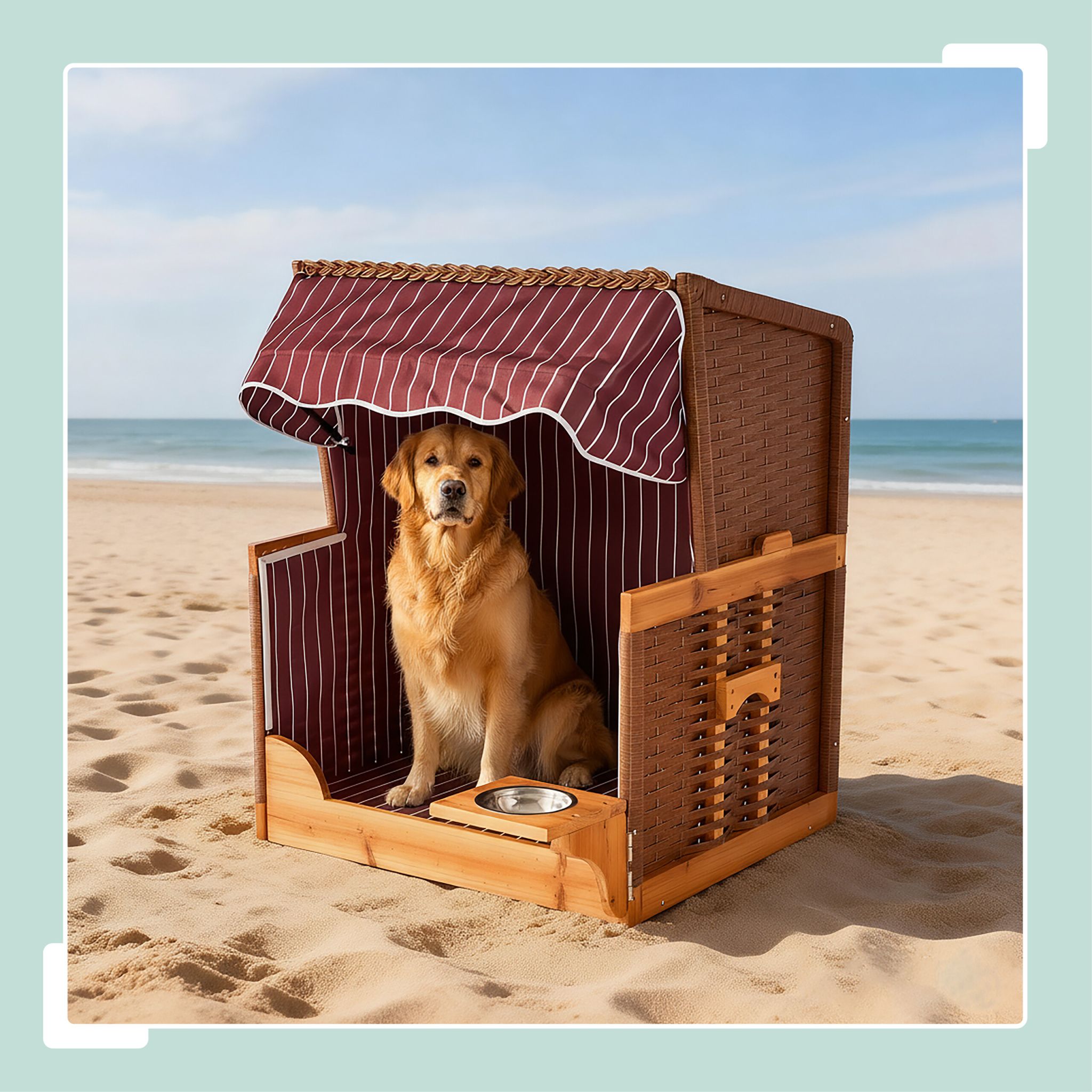 Hundestrandkorb Holz & Rattan inkl. Napf Braun-Dunkelrot-Schwarz von Relaxdays