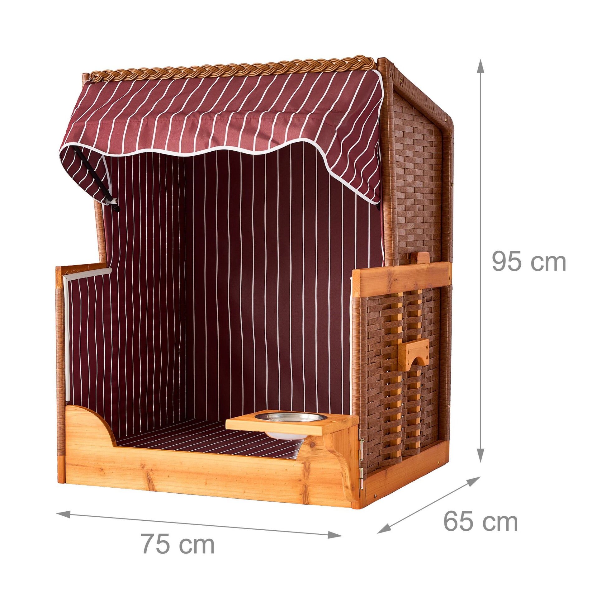 Hundestrandkorb Holz & Rattan inkl. Napf Braun-Dunkelrot-Schwarz von Relaxdays