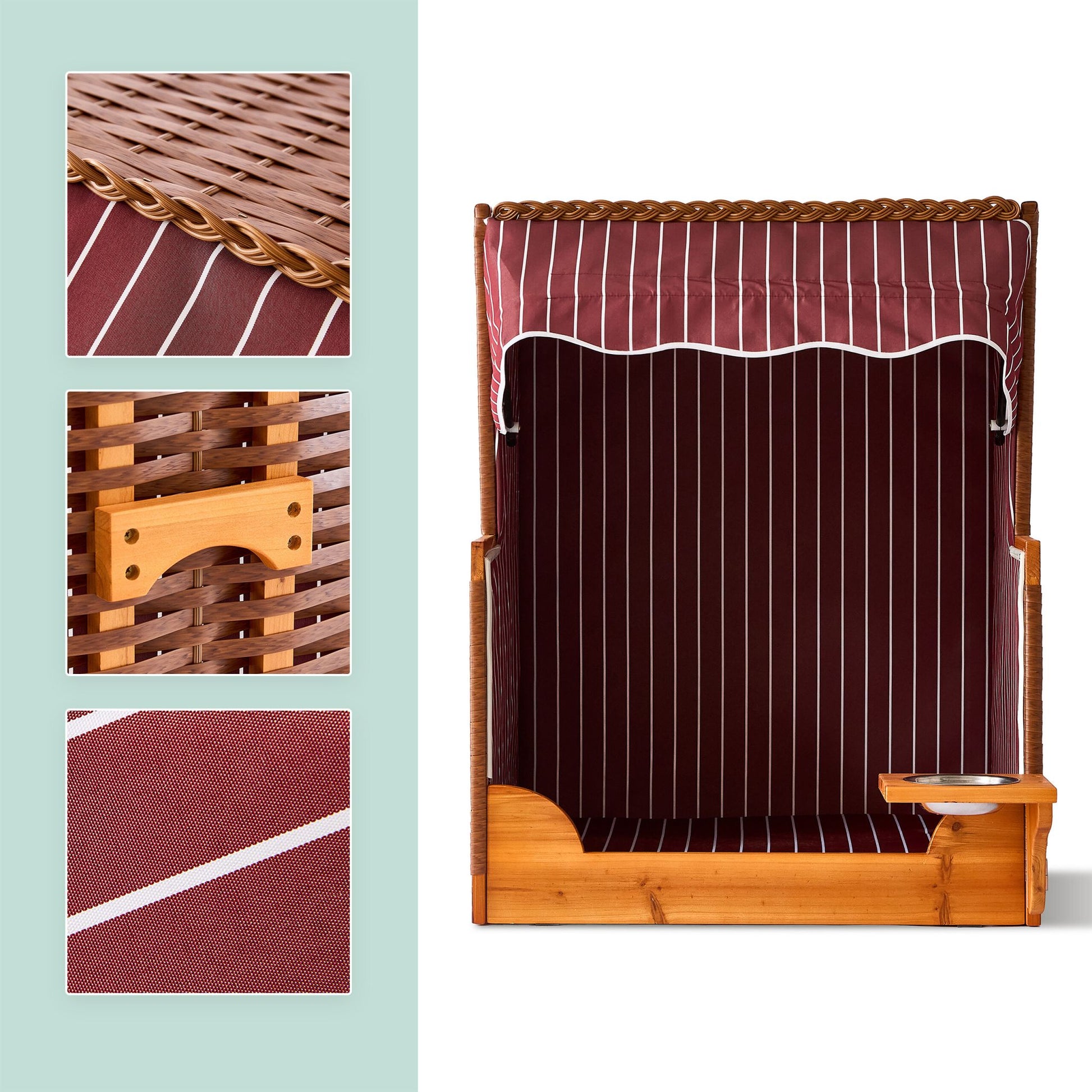 Hundestrandkorb Holz & Rattan inkl. Napf Braun-Dunkelrot-Schwarz von Relaxdays