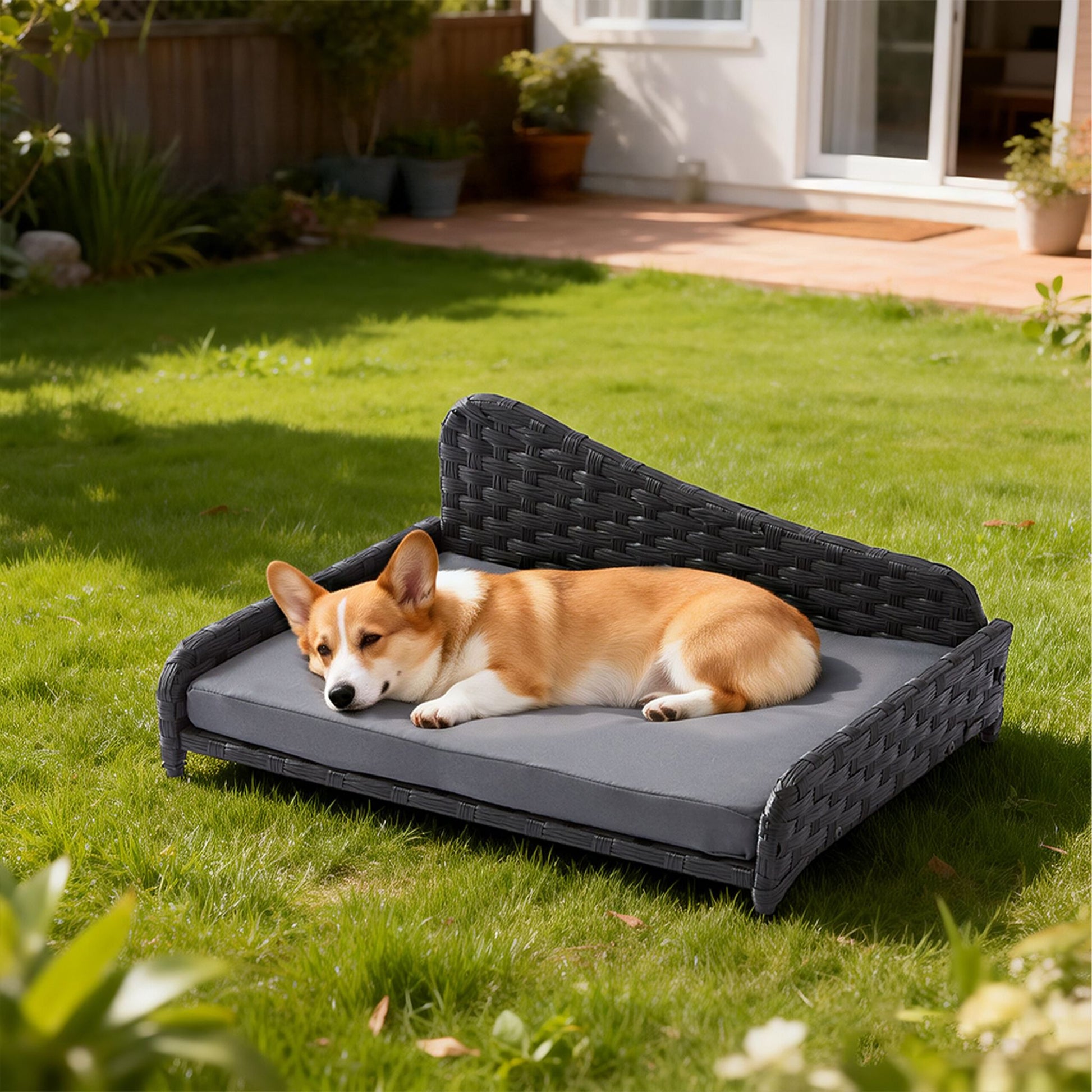 Hundebett Rattan mit Kissen Anthrazit-Grau von Relaxdays