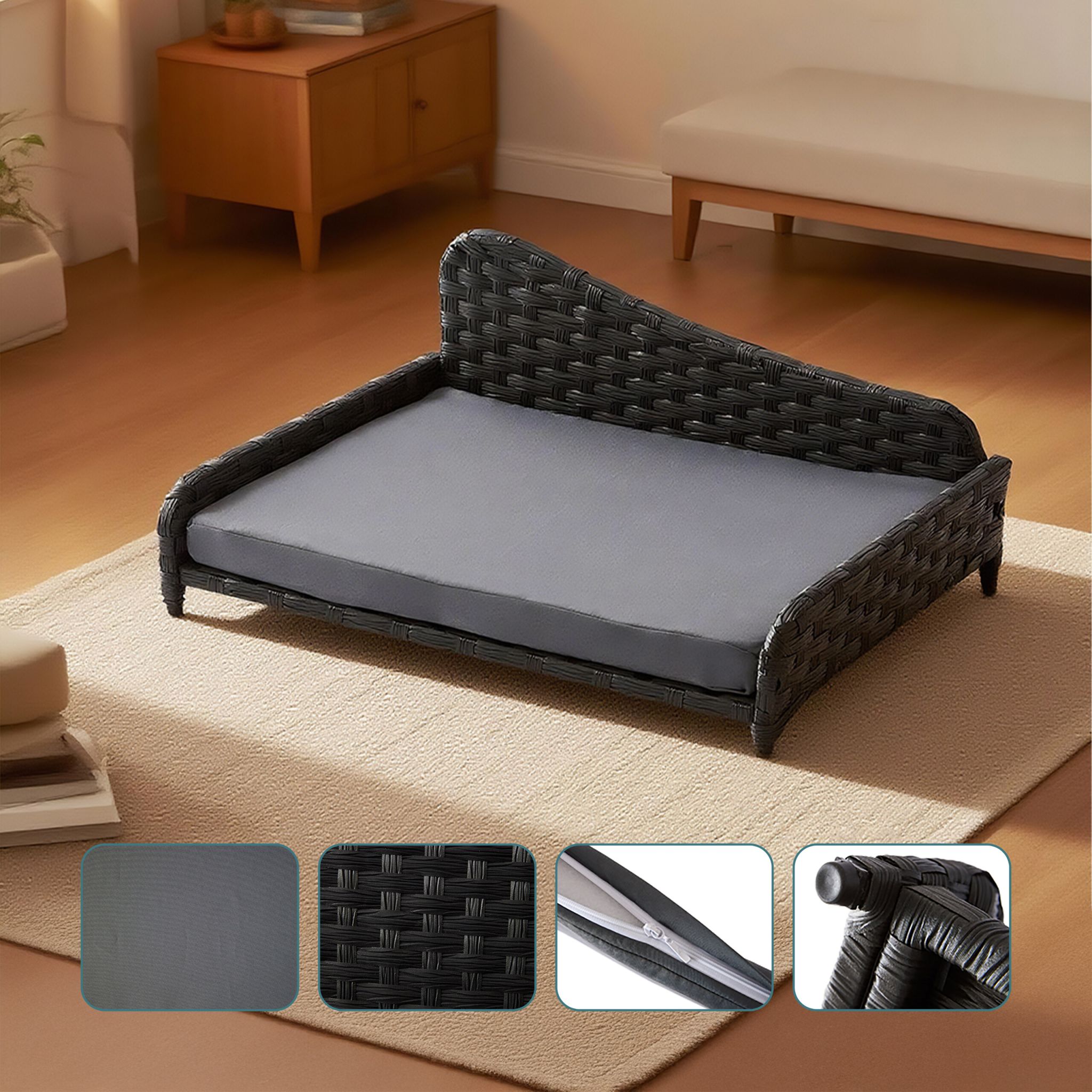 Hundebett Rattan mit Kissen Anthrazit-Grau von Relaxdays